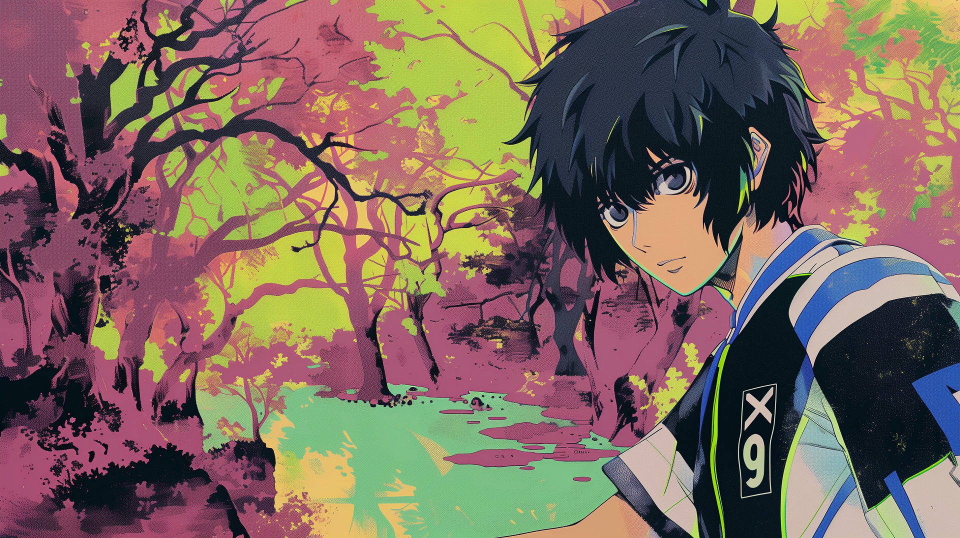 HD wallpaper of Isagi Yoichi from Blue Lock anime with a colorful autumn background for desktop.