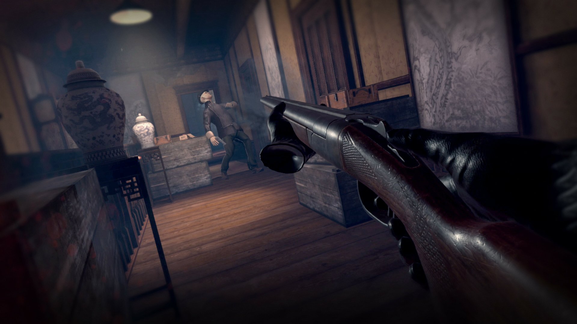 HD wallpaper featuring a scene from the video game Peaky Blinders: The King's Ransom with a first-person view of a gun aimed in a dimly lit room.