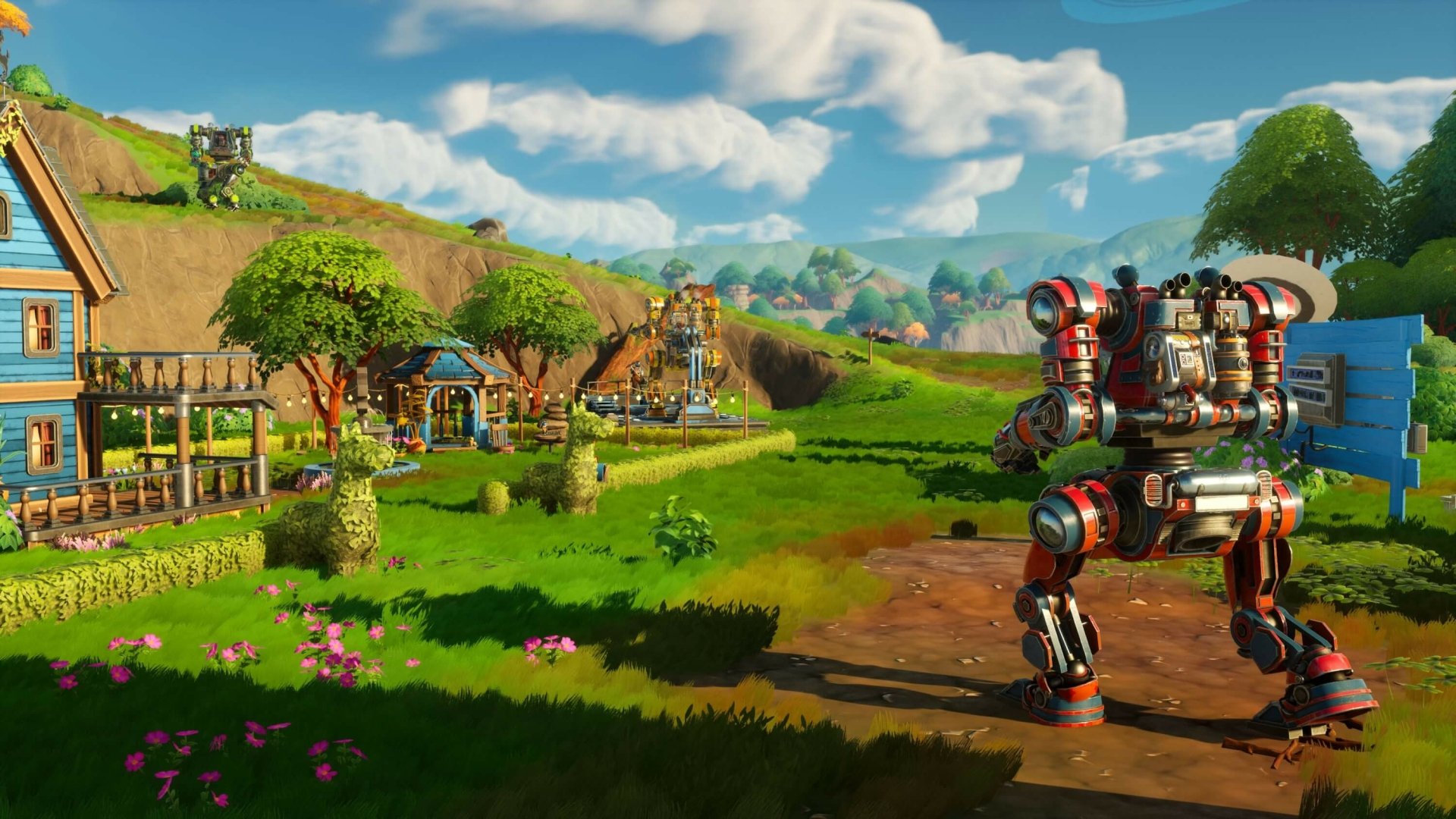 HD wallpaper from the video game Lightyear Frontier, featuring a robotic mech in a vibrant farming landscape.