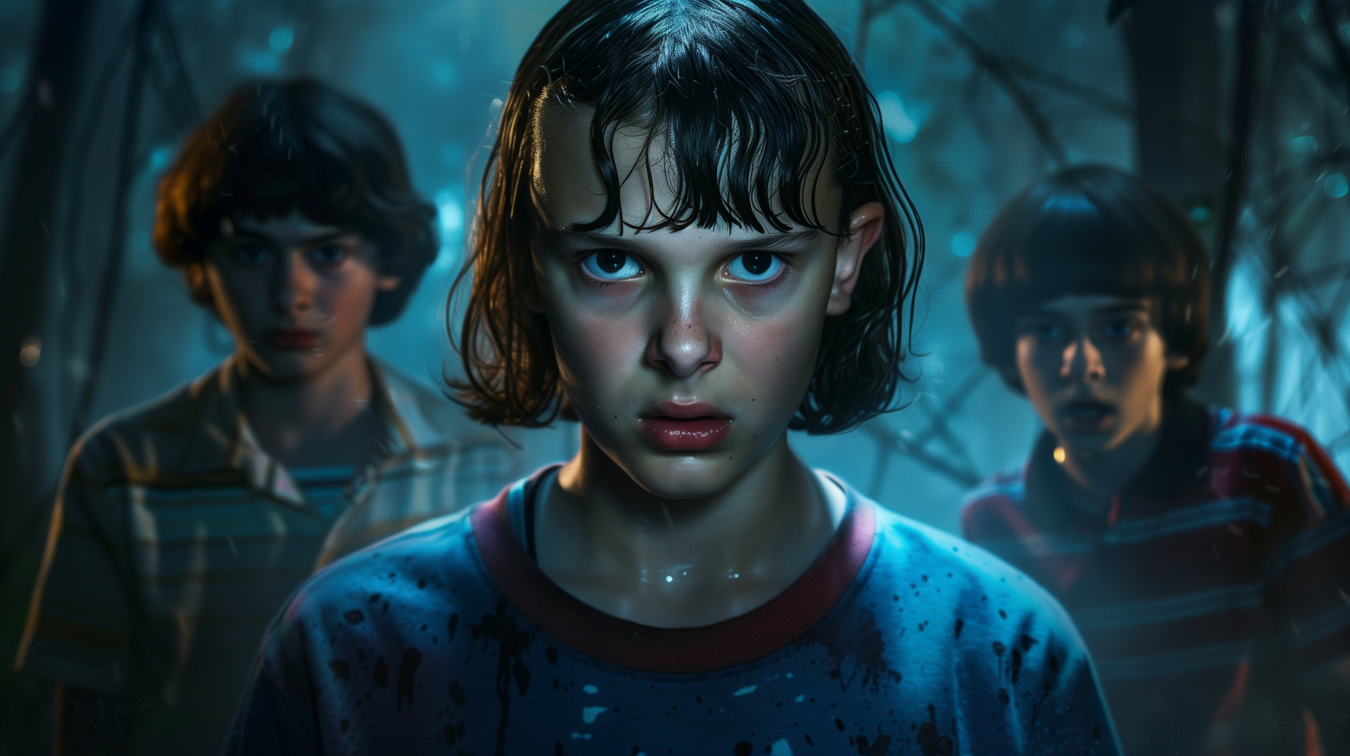 HD desktop wallpaper of Stranger Things fan art featuring three key characters in a dark, moody forest.