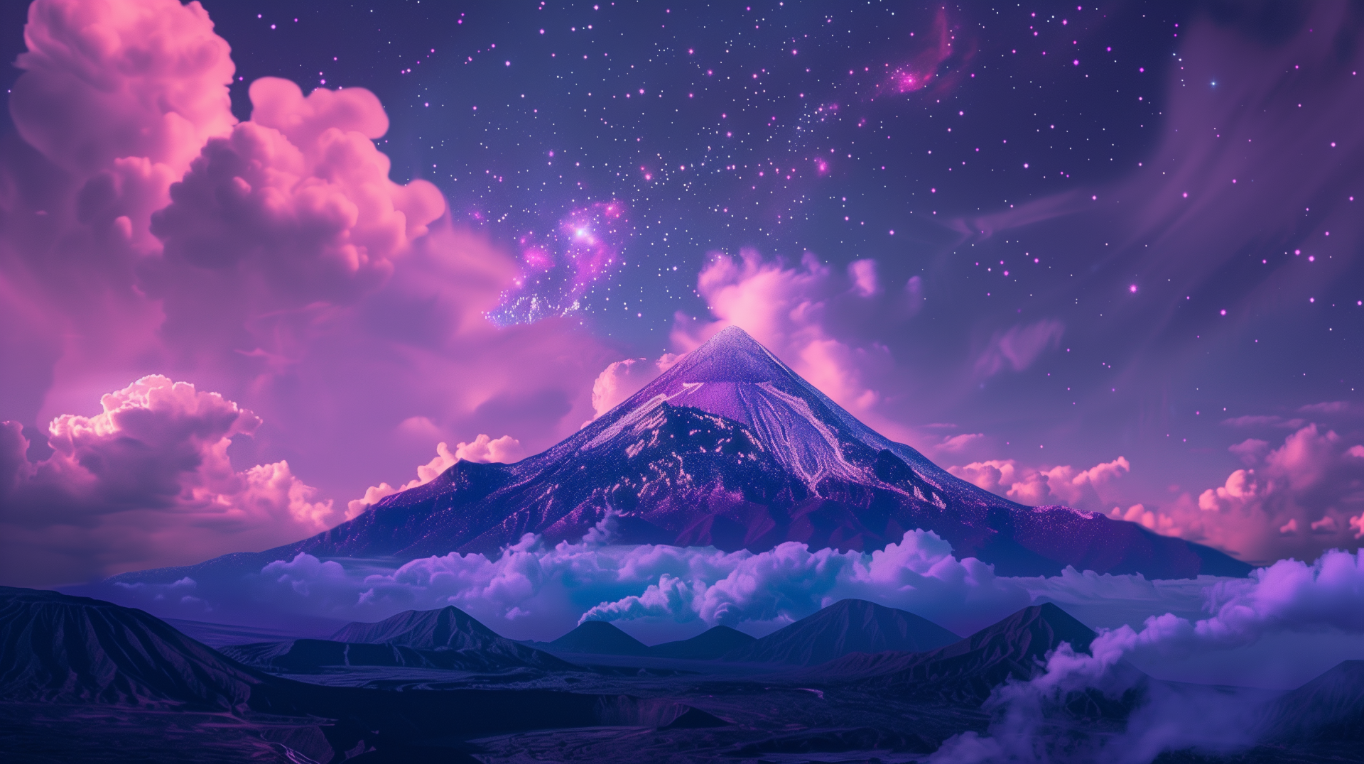 A stunning HD wallpaper featuring a majestic volcano surrounded by colorful clouds and a starry night sky, creating a captivating and serene landscape.