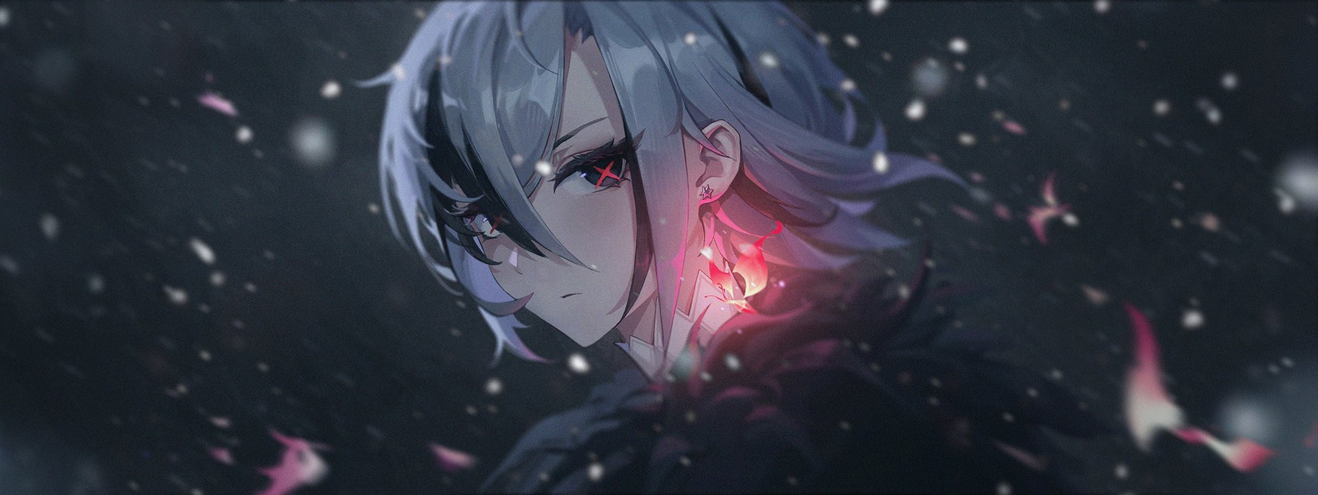 HD PC desktop wallpaper featuring Arlecchino from Genshin Impact, showcasing a close-up of the character with glowing red eyes and delicate glowing petals.