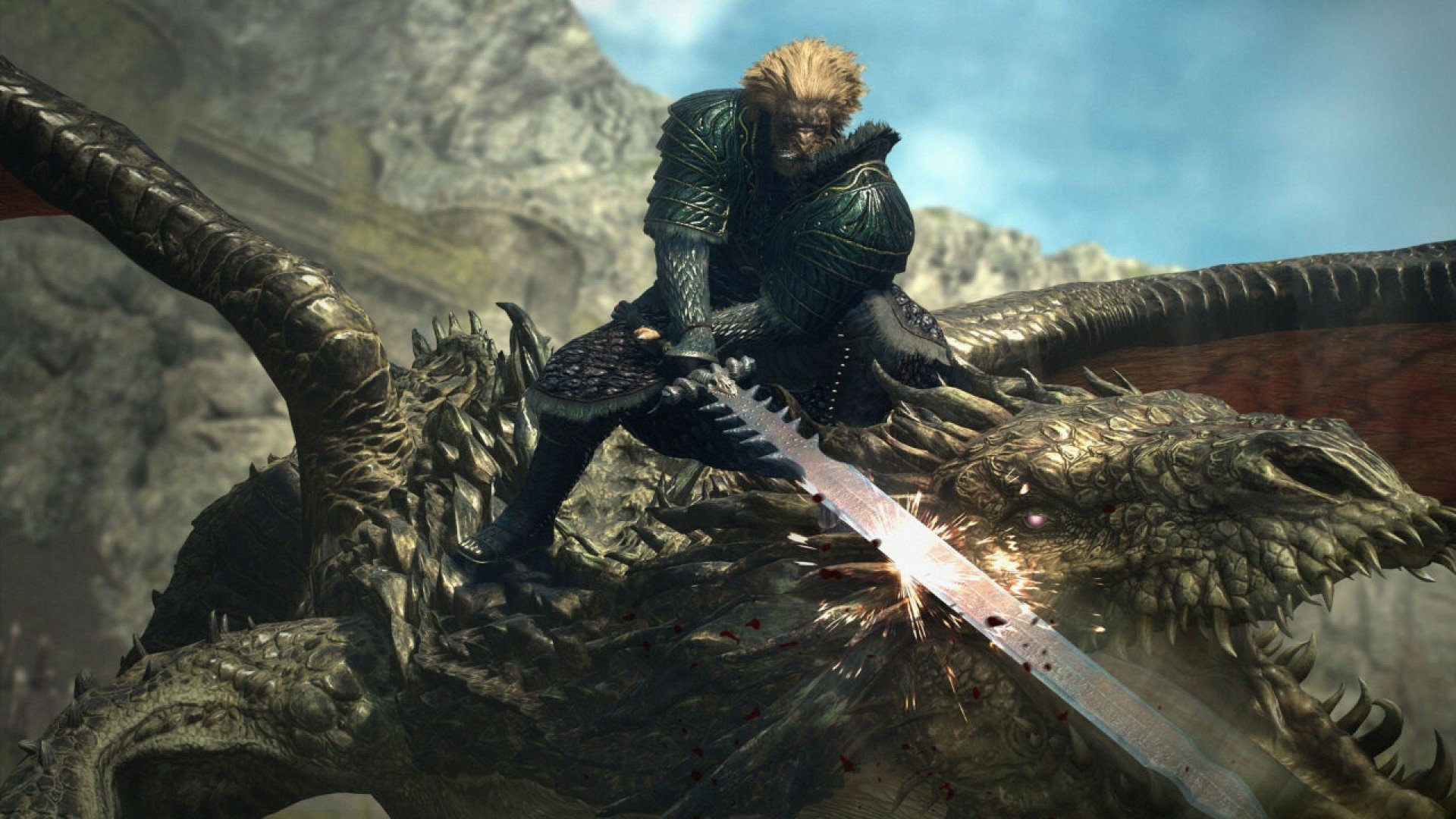 A warrior battles a massive dragon with a sword in this HD wallpaper for Dragon's Dogma 2, capturing the intense action and epic fantasy of the game.
