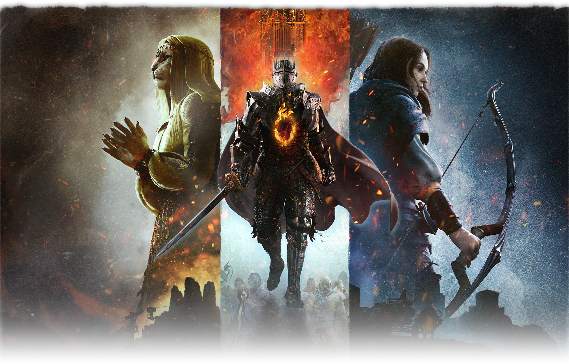 A stunning HD desktop wallpaper from Dragon's Dogma 2, featuring a powerful knight in the center, flanked by a praying figure and a skilled archer, highlighting the game's epic fantasy elements.