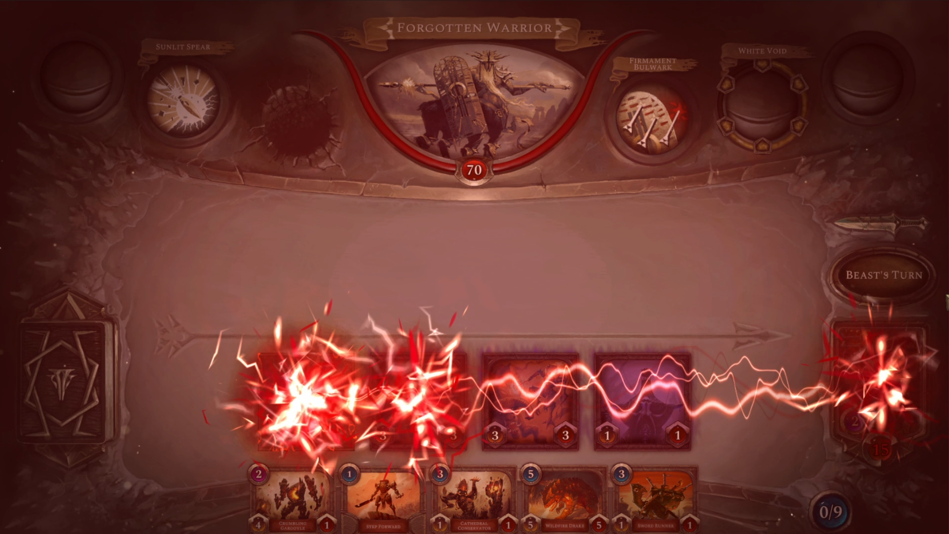 A high-definition desktop wallpaper featuring the Acolyte of the Altar from a video game, showcasing vibrant lightning effects and a dynamic card layout.