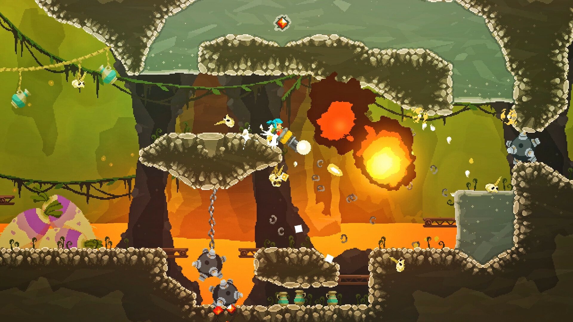 HD desktop wallpaper featuring vibrant gameplay from the video game Pepper Grinder, showcasing a dynamic scene with characters navigating a colorful, underground world.