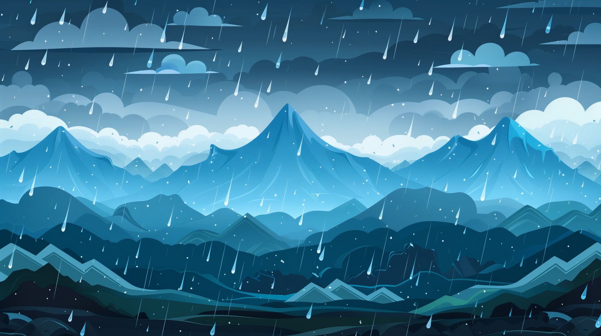 A serene HD desktop wallpaper featuring mountains under a rain-filled sky, with raindrops cascading against a backdrop of deep blues and cloudy gray tones.