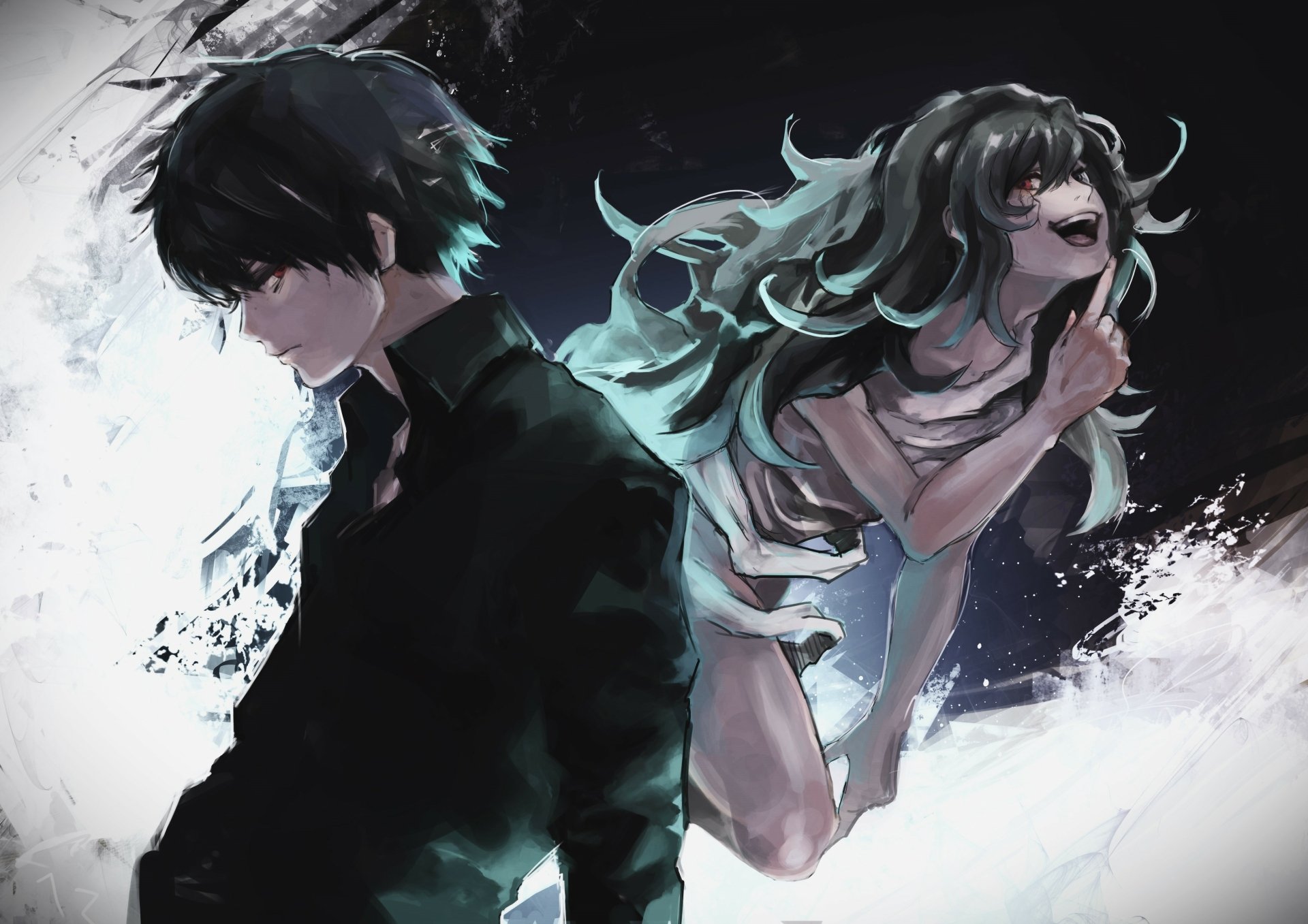 4K Ultra HD Tokyo Ghoul desktop wallpaper featuring two intense characters in a dark, dynamic scene with contrasting light and shadow effects.