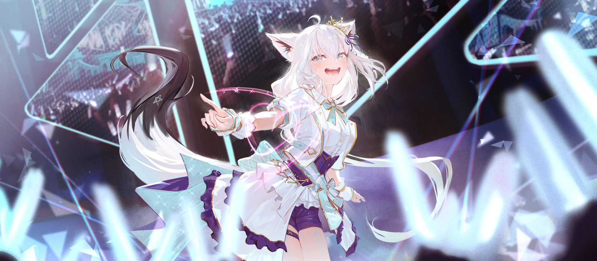 HD PC desktop wallpaper featuring Shirakami Fubuki, an anime girl and Virtual YouTuber from hololive, depicted with white hair, fox ears, and a joyful expression.