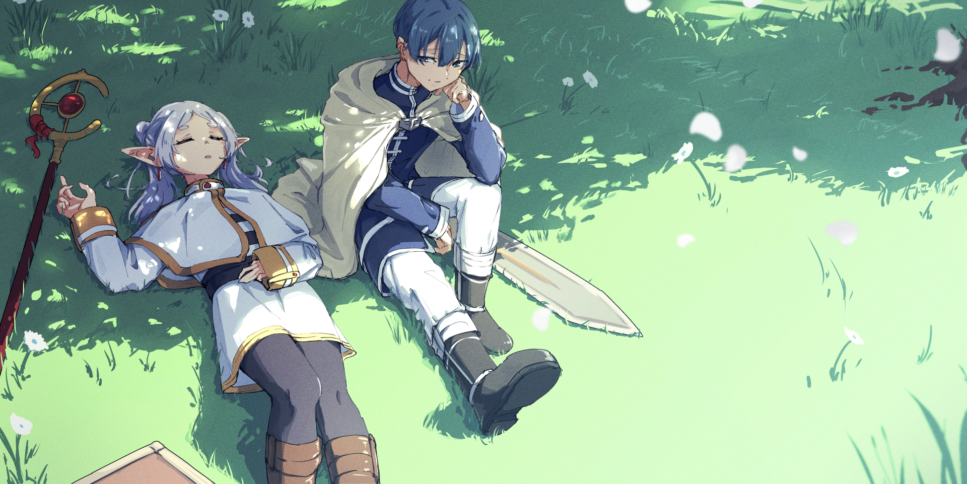 Anime-style 4K Ultra HD wallpaper featuring Frieren and Himmel from Frieren: Beyond Journey's End relaxing on grass under soft sunlight and floating petals.
