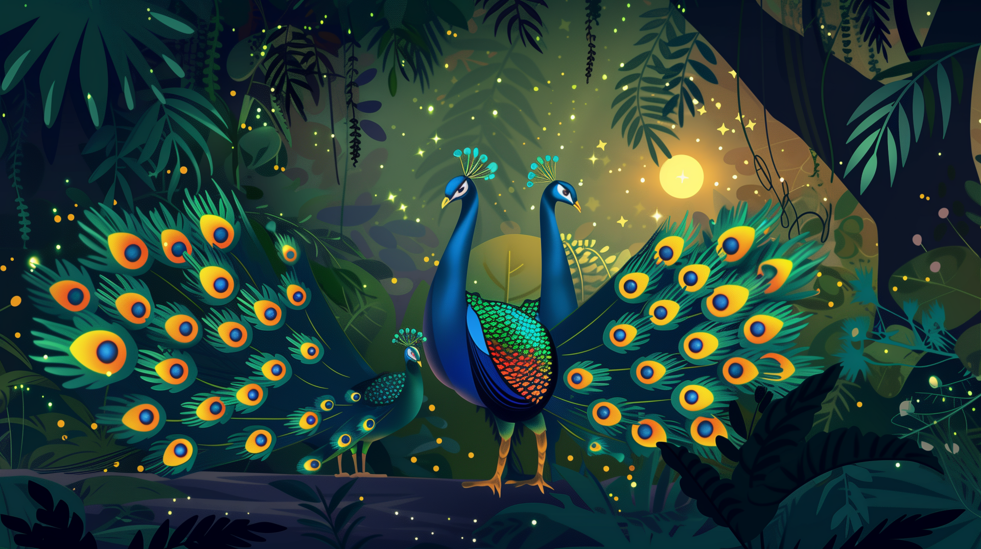 Vibrant peacock birds with open feathers in a lush forest HD wallpaper background.