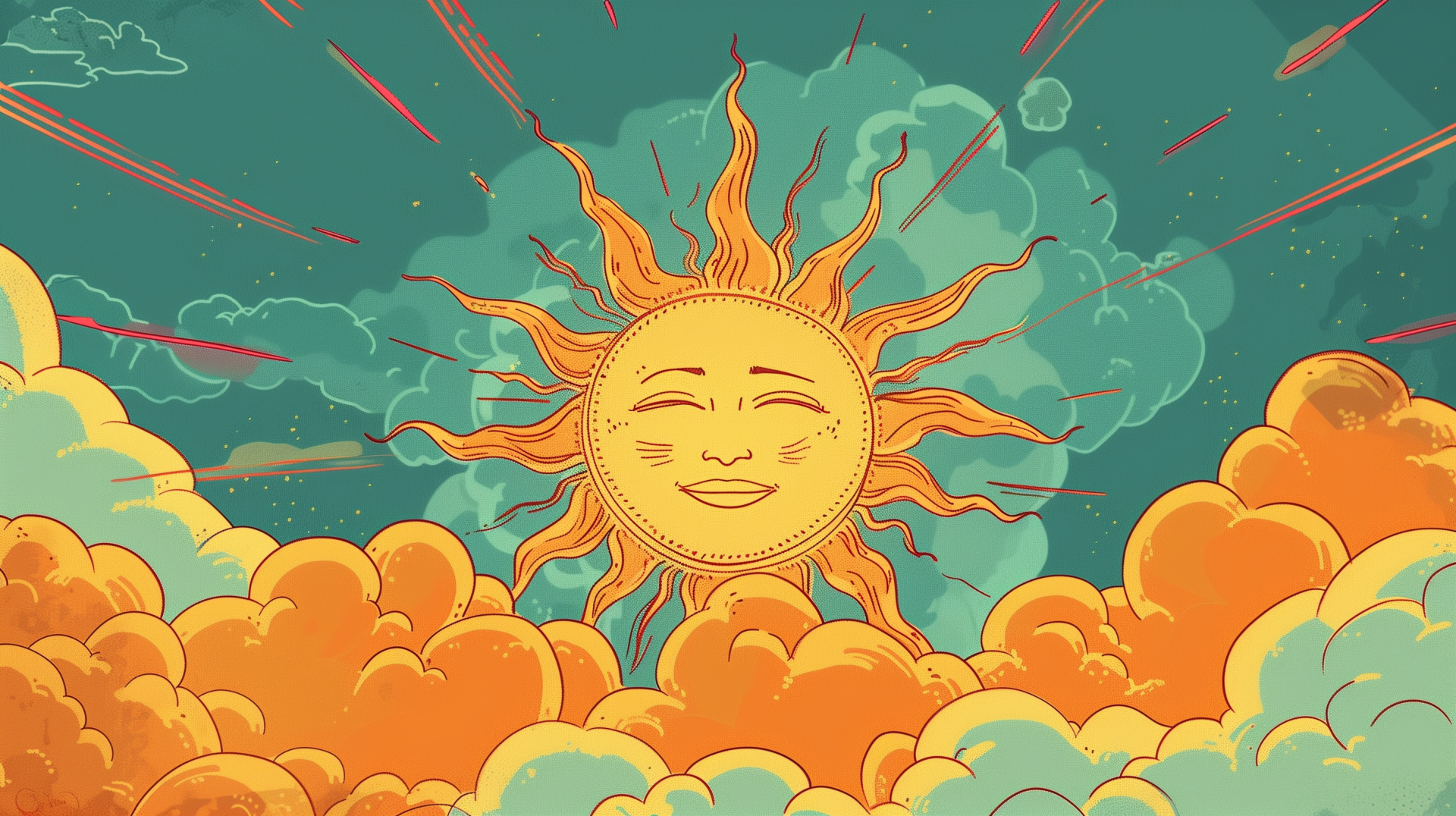 HD desktop wallpaper featuring an artistic illustration of a smiling sun with radiant beams, set against a sky filled with golden clouds, tagged with sunshine.