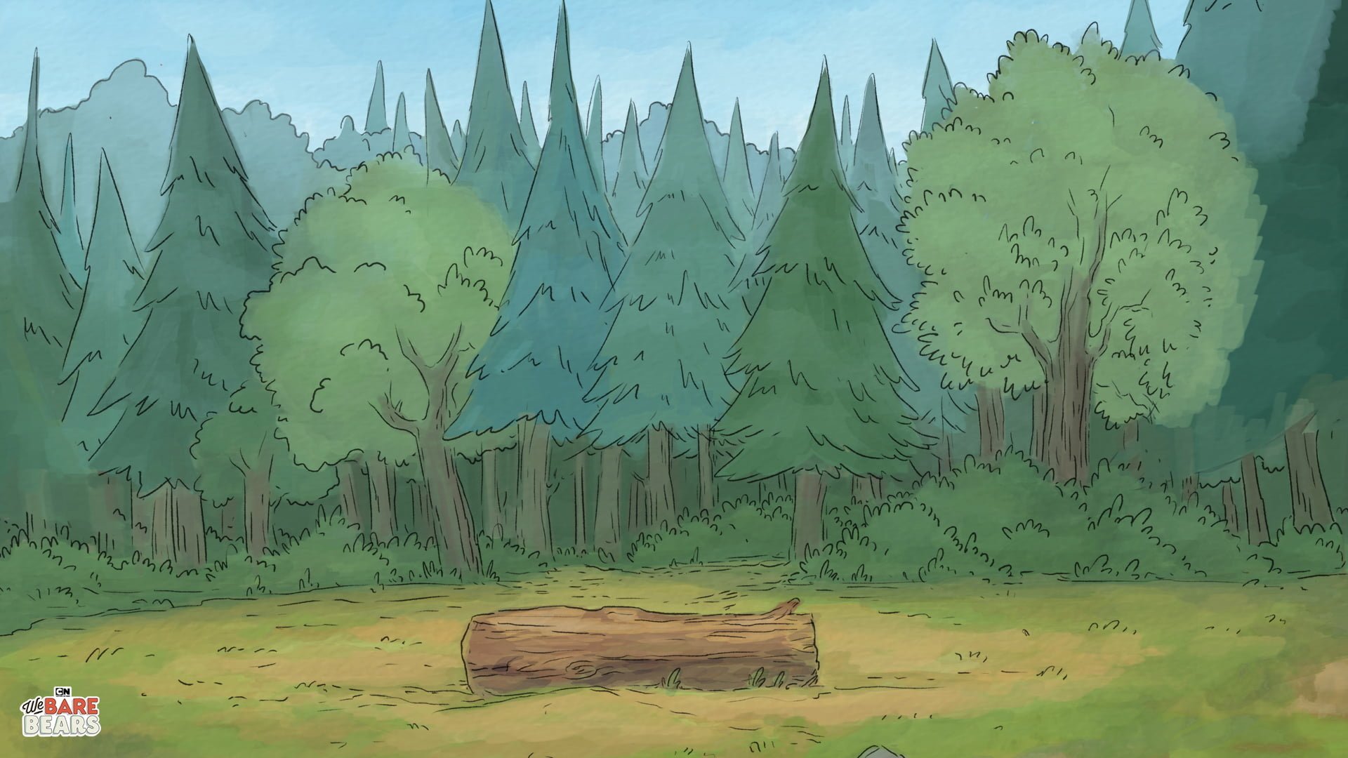 A serene HD desktop wallpaper featuring a forest scene from the TV show We Bare Bears, showcasing lush green trees and a peaceful clearing with a log.