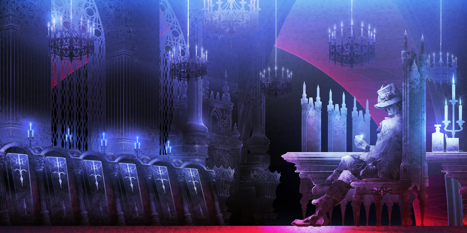 HD desktop wallpaper featuring a mysterious figure in a hat sitting amidst the gothic architecture of SaGa Emerald Beyond video game.