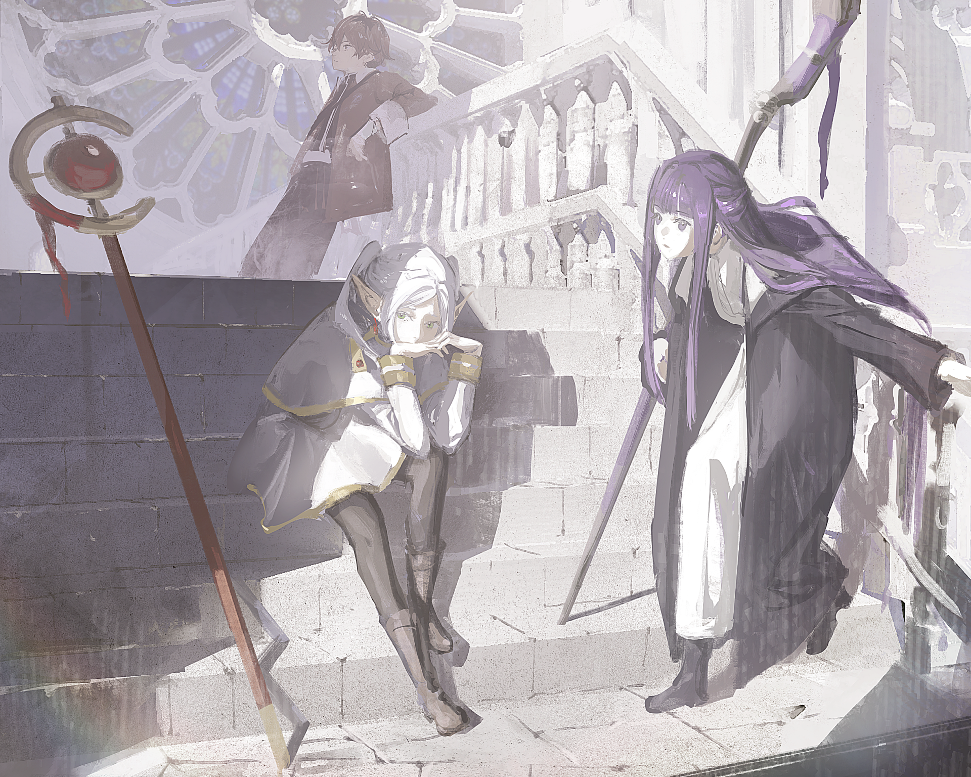 HD PC desktop wallpaper featuring anime characters Frieren, Stark, and Fern from Frieren: Beyond Journey's End in a serene, detailed setting.