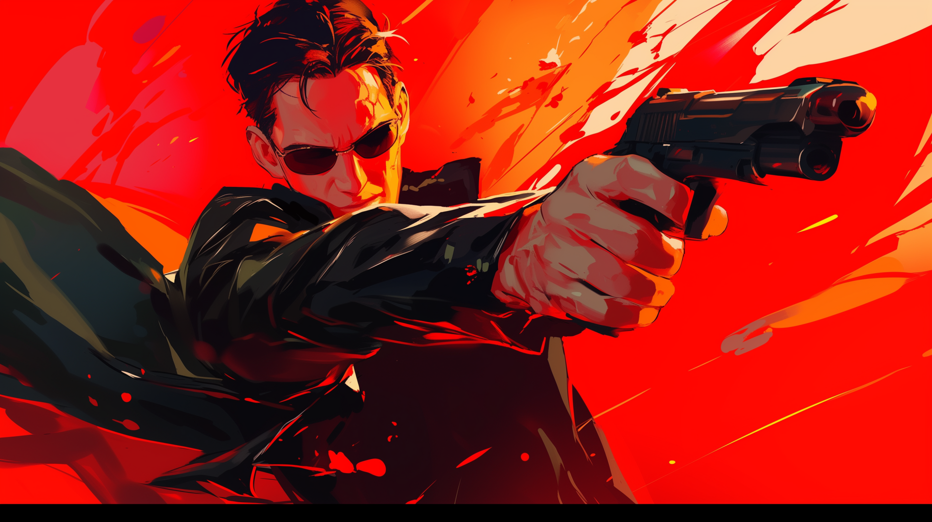 HD wallpaper featuring an artistic rendition of a character resembling Neo from The Matrix, striking an action pose with a gun on a vibrant red background.