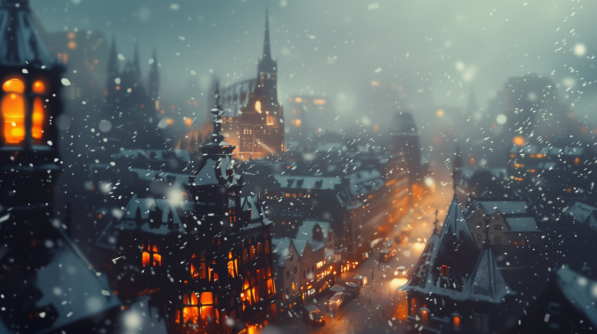 HD desktop wallpaper depicting a snowy city at twilight with illuminated streets and buildings, creating a cozy winter atmosphere.