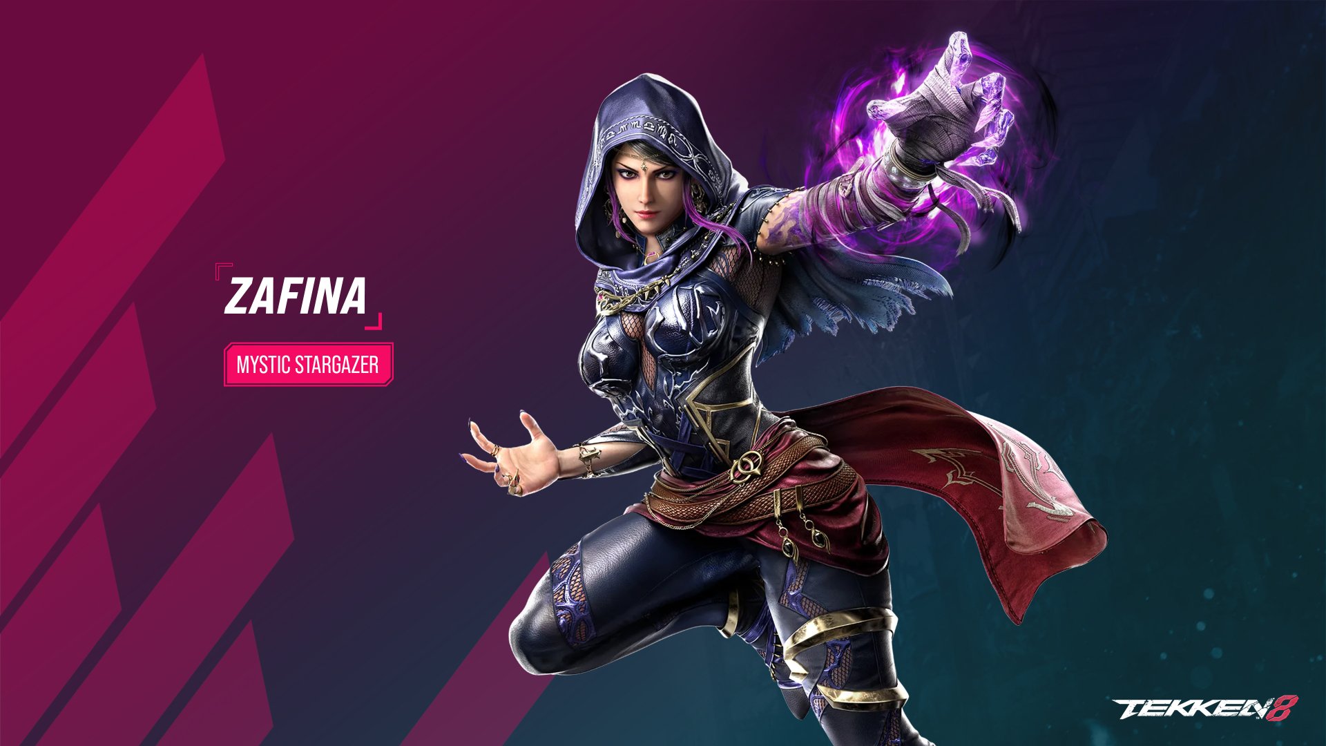 HD desktop wallpaper of Zafina from Tekken 8, showcasing the Mystic Stargazer in a dynamic pose with a purple aura.