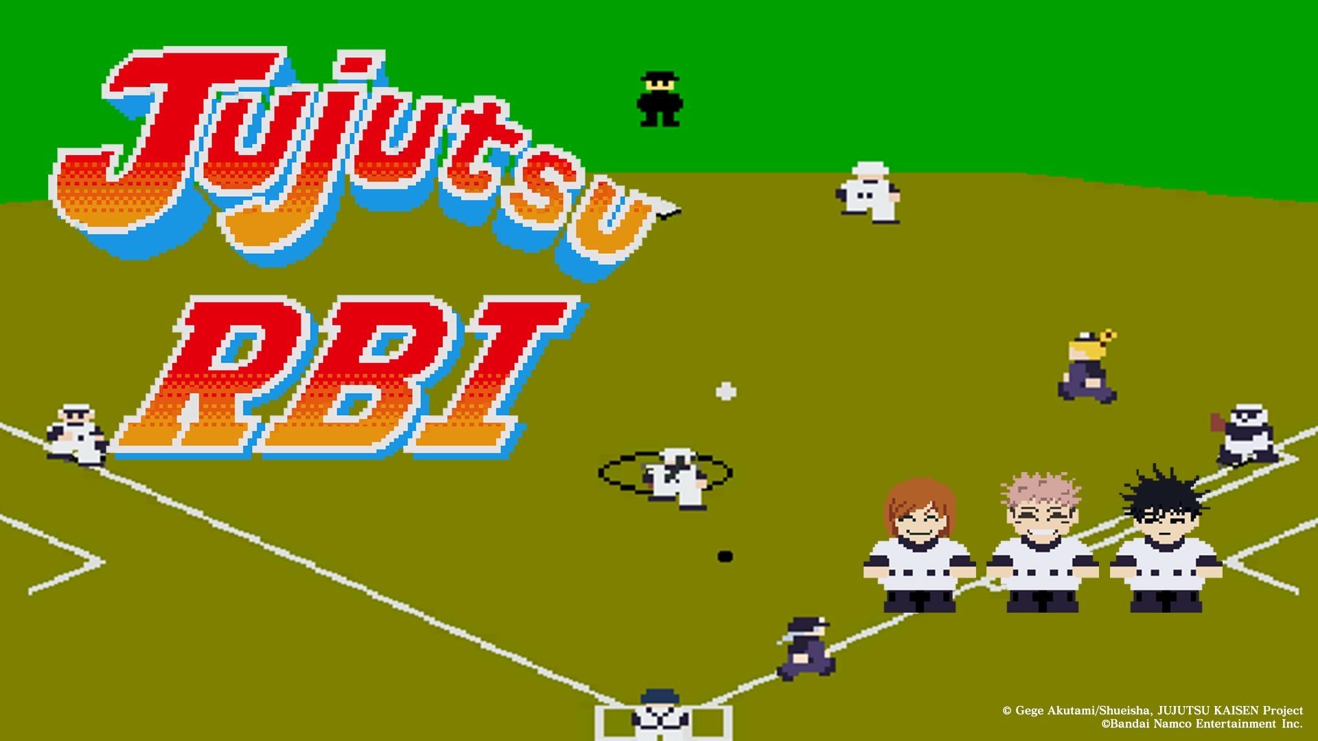 HD wallpaper featuring pixel art from the video game Jujutsu Kaisen Cursed Clash, with retro-style characters on a vibrant digital field.