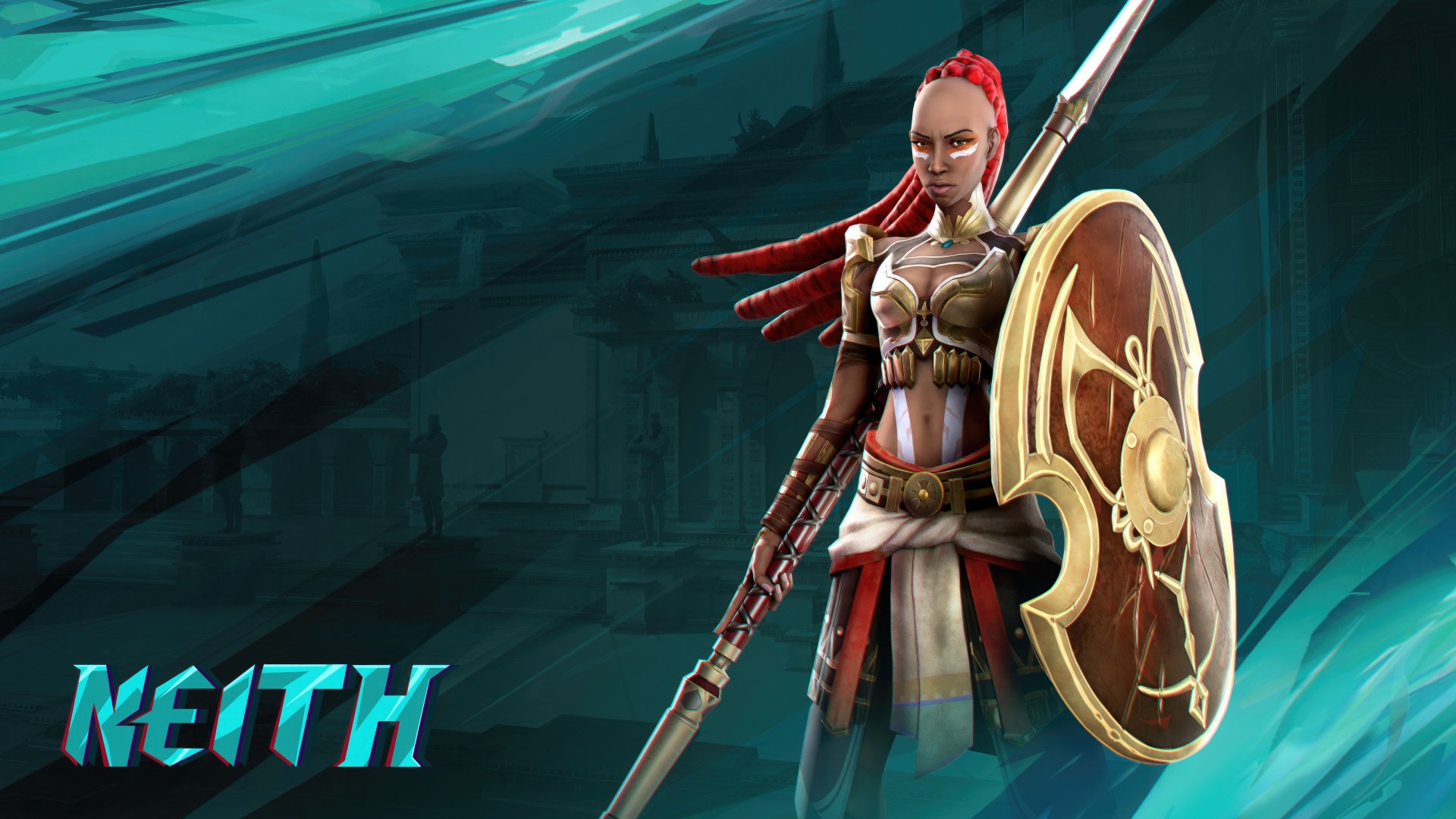HD desktop wallpaper featuring a character from Prince of Persia: The Lost Crown video game, poised with a spear and shield against a dynamic teal background.