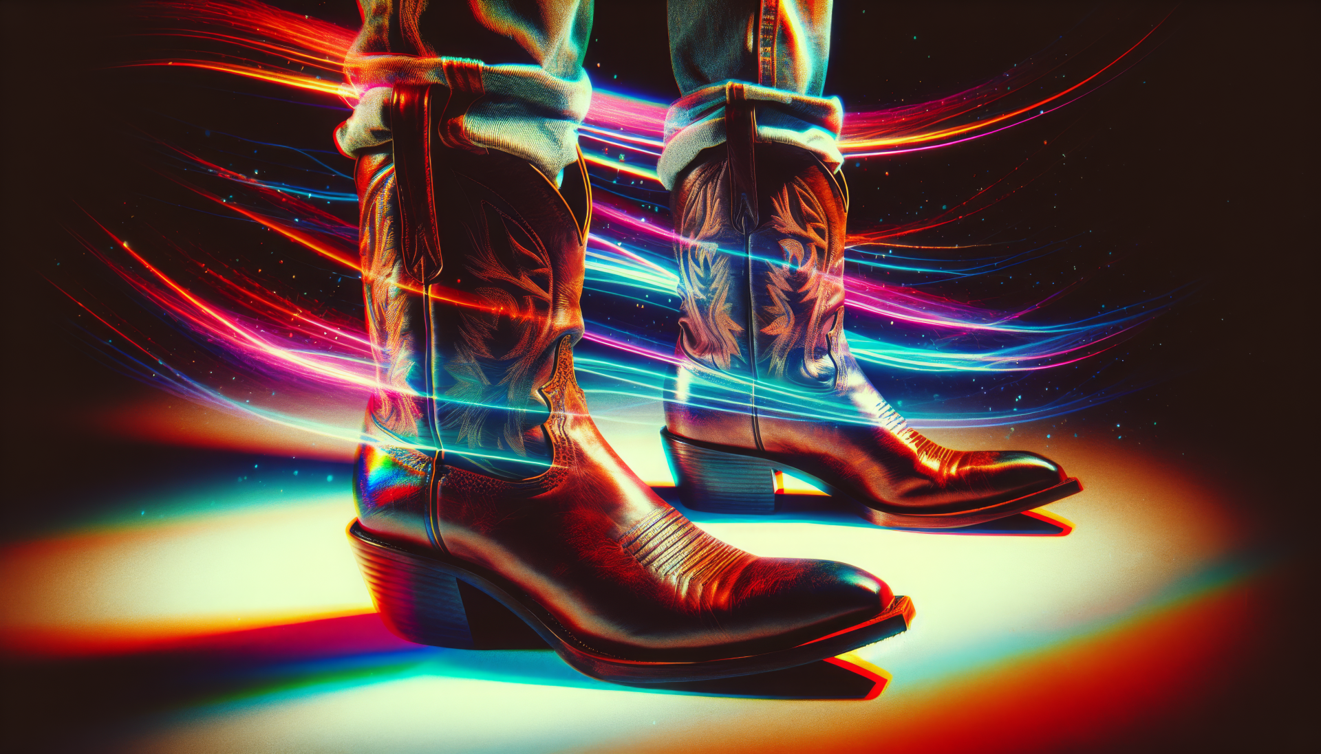 A vibrant HD desktop wallpaper featuring stylish cowboy boots, enhanced with dynamic light trails, creating a striking visual effect against a dark background.