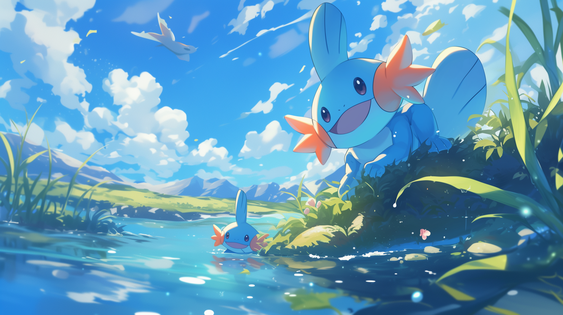 HD desktop wallpaper featuring Mudkip, the adorable water-type Pokémon, in a vibrant anime-style landscape with clear blue skies and a serene river setting.