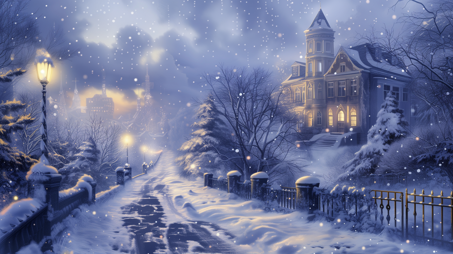 HD desktop wallpaper featuring a snowy road during a snowfall with street lamps and a Victorian house in the background, evoking a serene winter atmosphere.