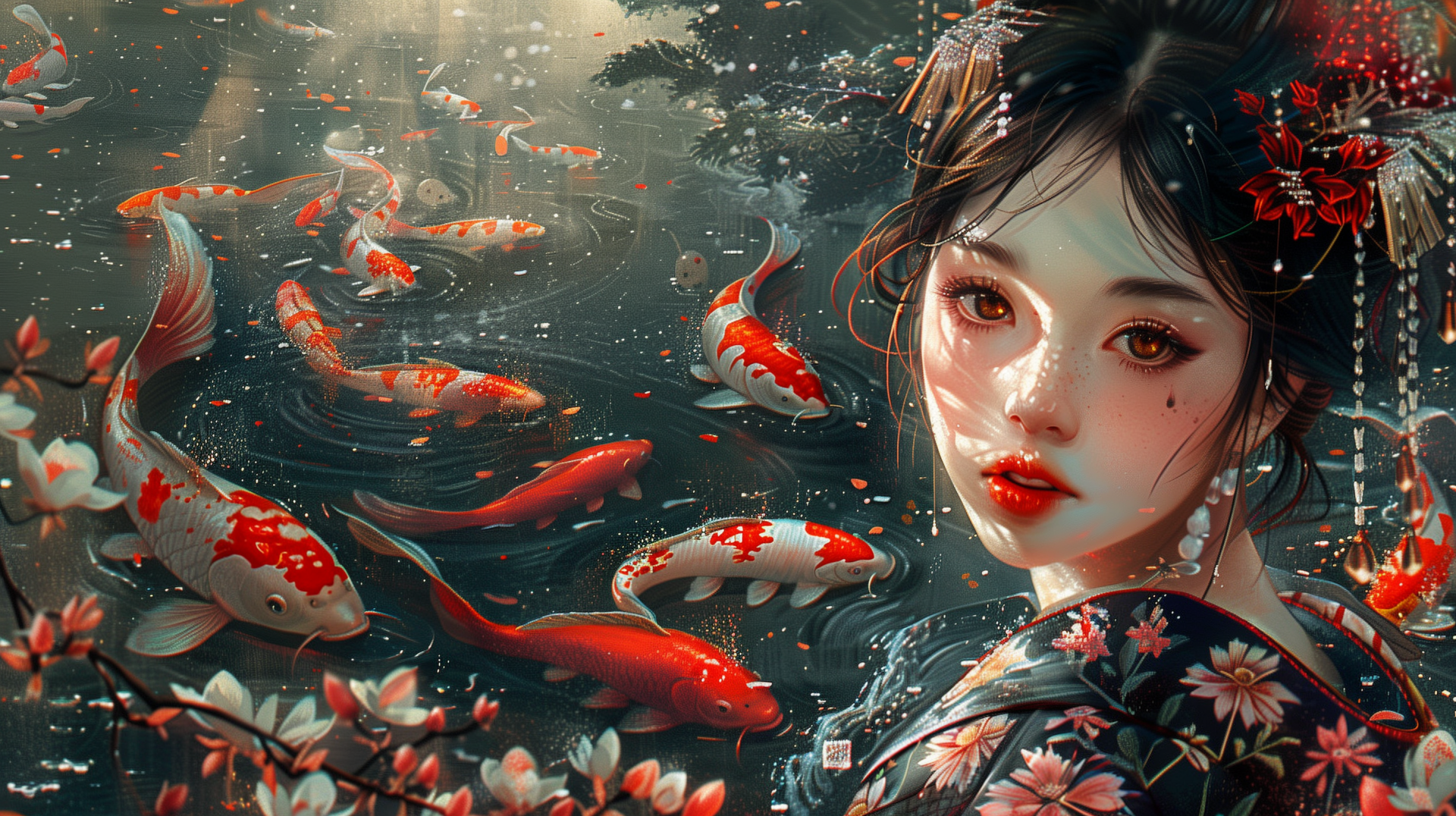 HD PC desktop wallpaper featuring AI art of a geisha surrounded by vibrant koi fish swimming in a serene pond with delicate floral accents.
