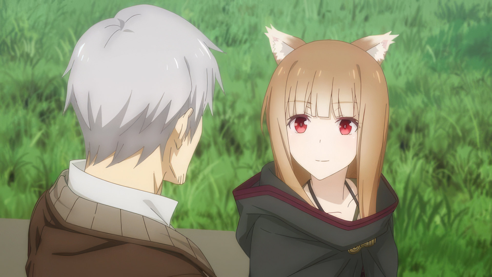 HD wallpaper featuring a scene from Spice and Wolf anime with the wise wolf character conversing with a merchant amidst a green meadow.