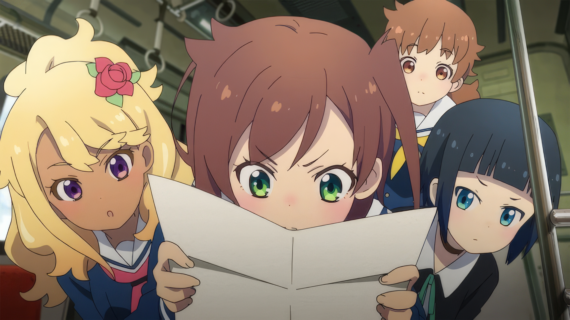 Anime characters aboard the 'Train to the End of the World' in a HD wallpaper, featuring a curious group reading a map.