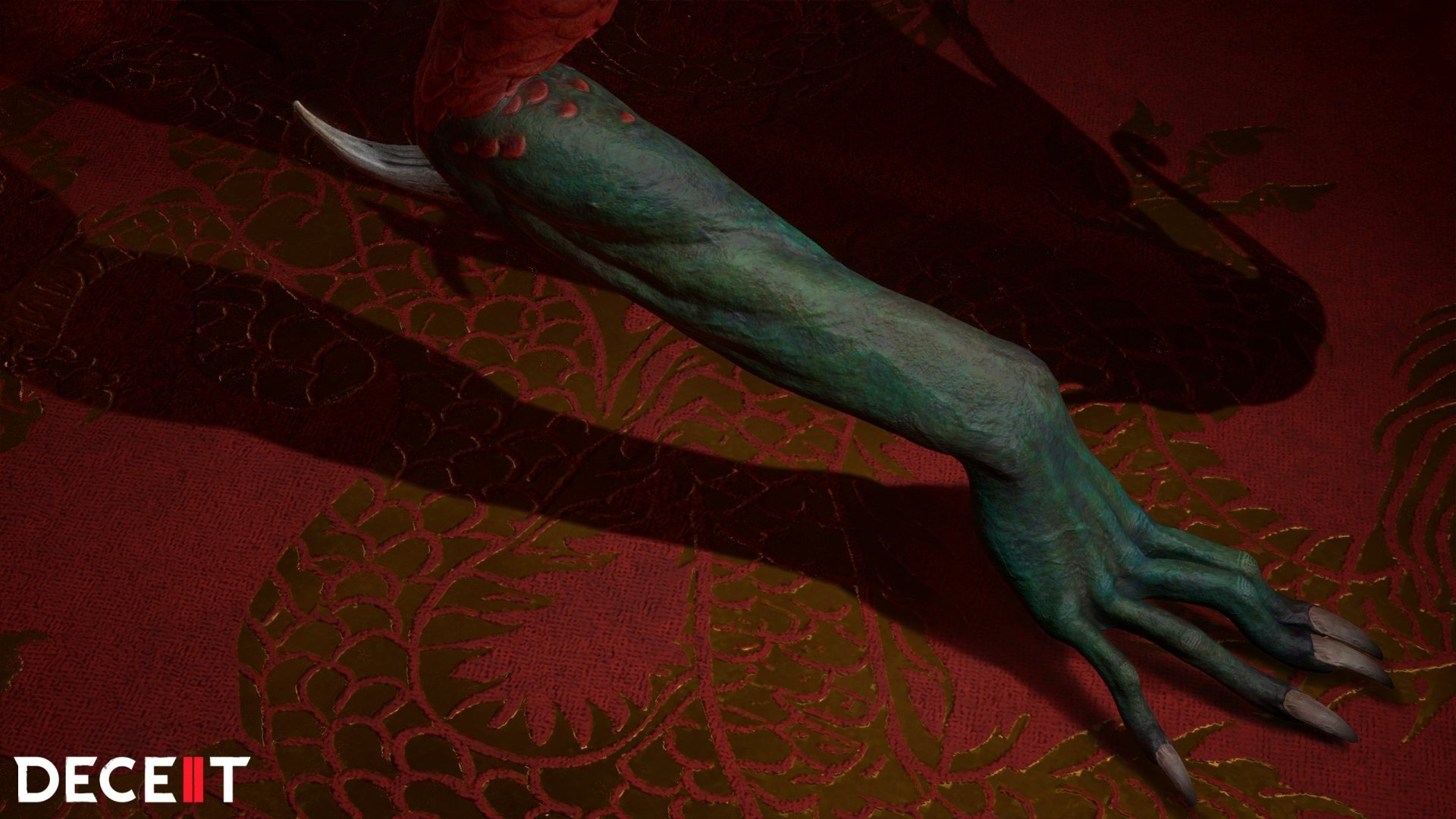 HD desktop wallpaper featuring a monstrous green hand from the video game Deceit 2 against a red background.