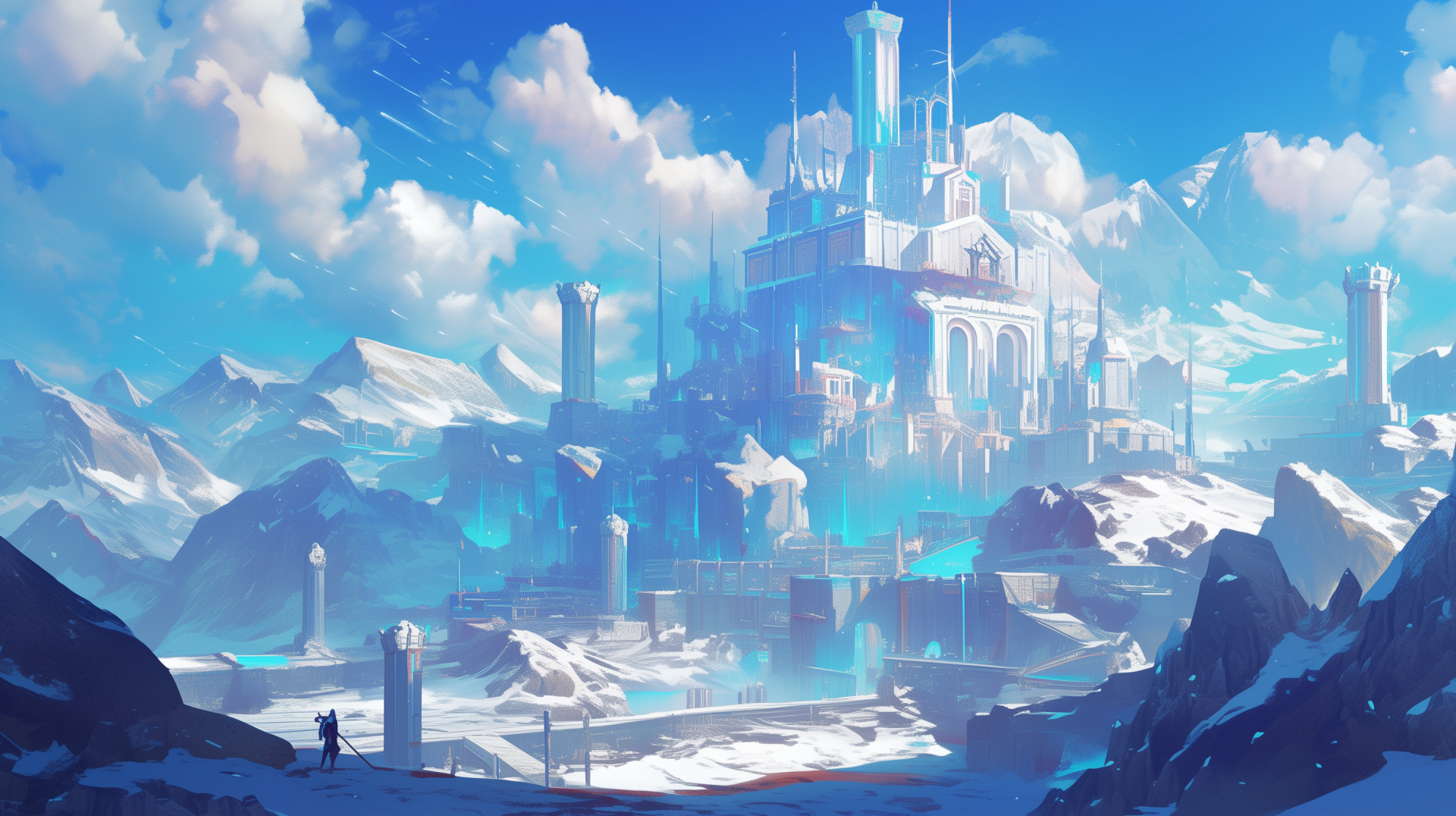 HD desktop wallpaper featuring a fantasy ice castle set against a mountainous backdrop under a blue sky.