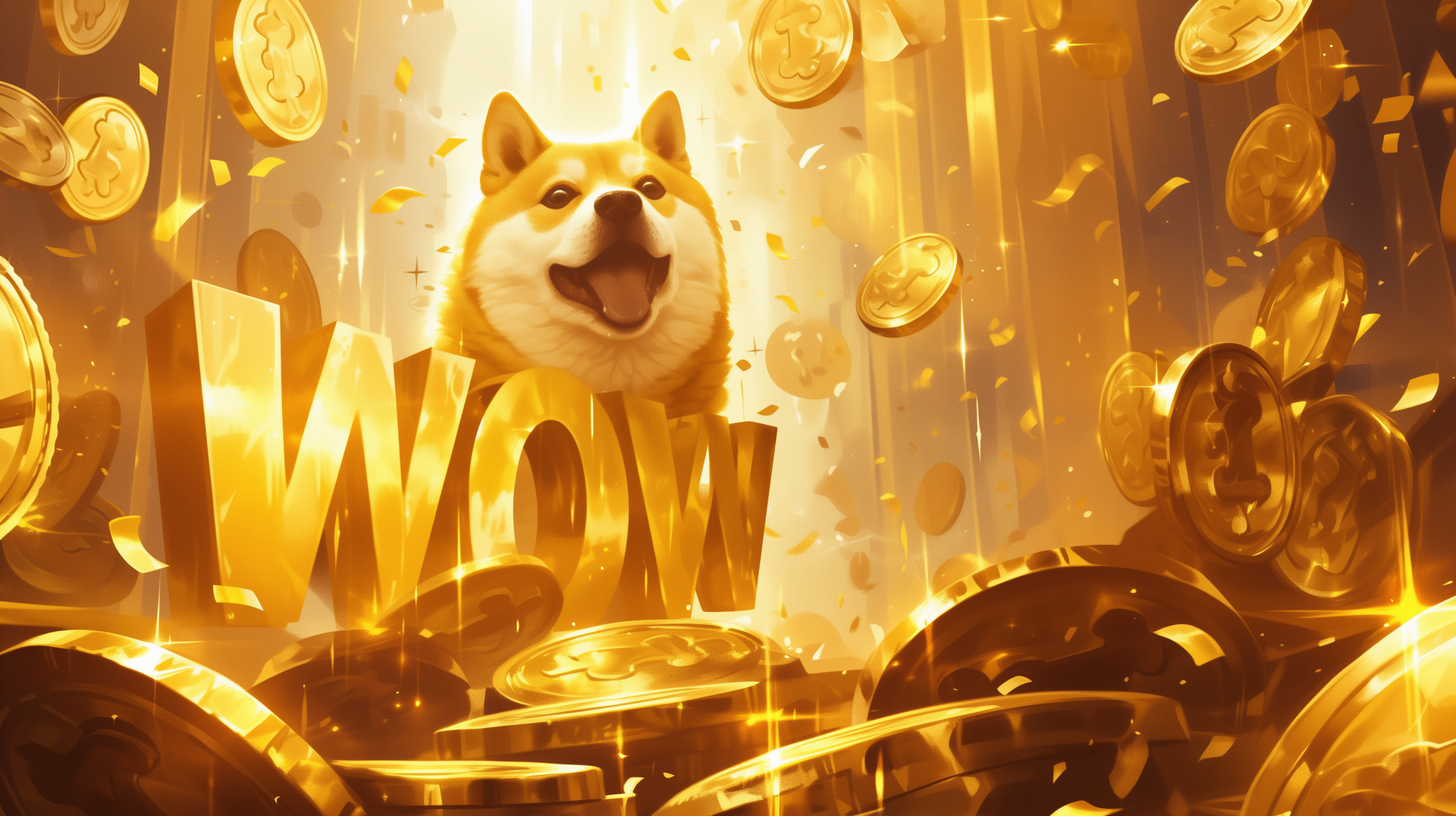 HD desktop wallpaper featuring a vibrant illustration of Dogecoin with a smiling Shiba Inu and golden coins emblazoned with the word 'WOW', symbolizing cryptocurrency.