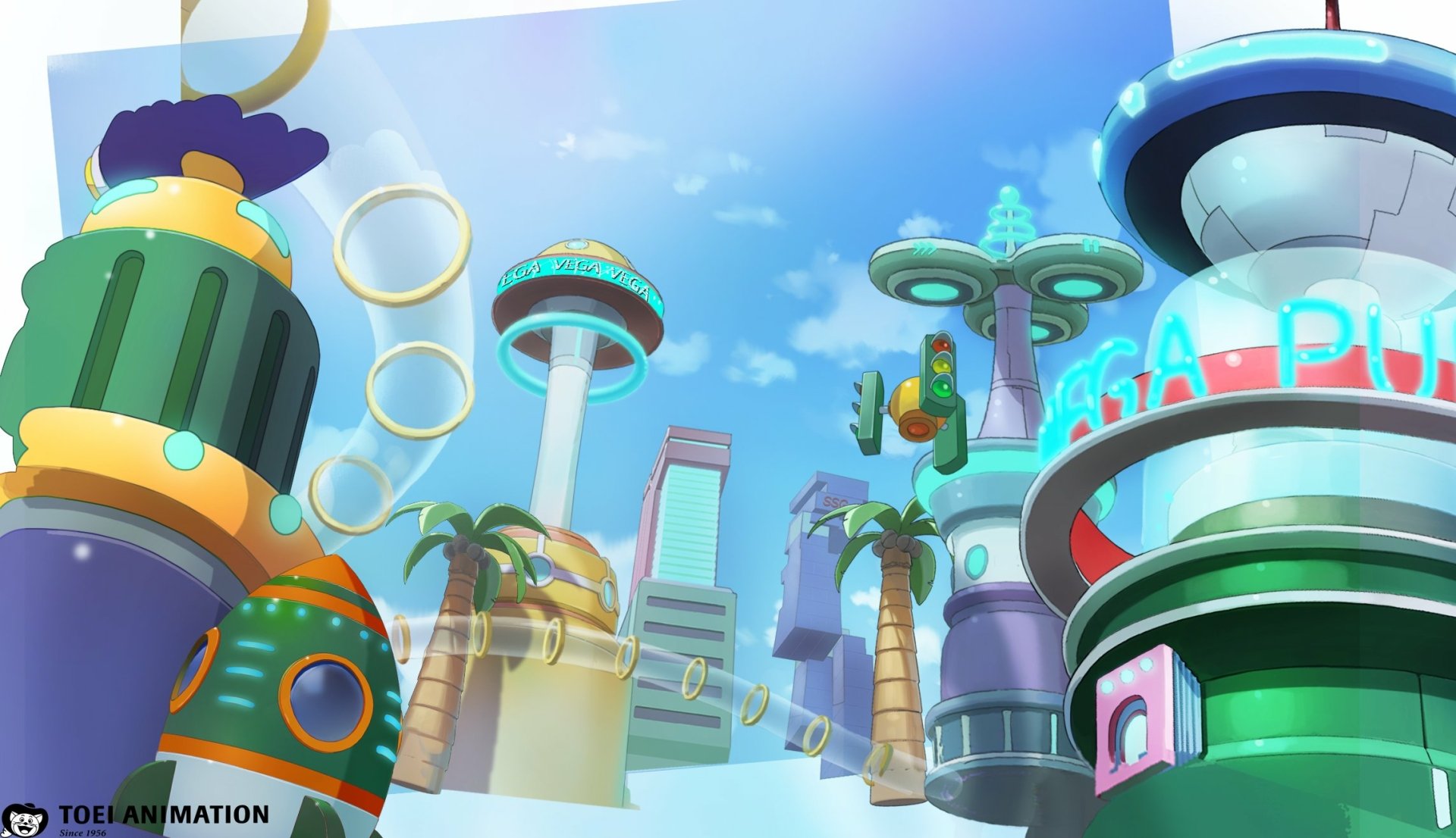 HD PC desktop wallpaper featuring a vibrant anime cityscape from One Piece with futuristic buildings, palm trees, and floating rings under a bright blue sky.