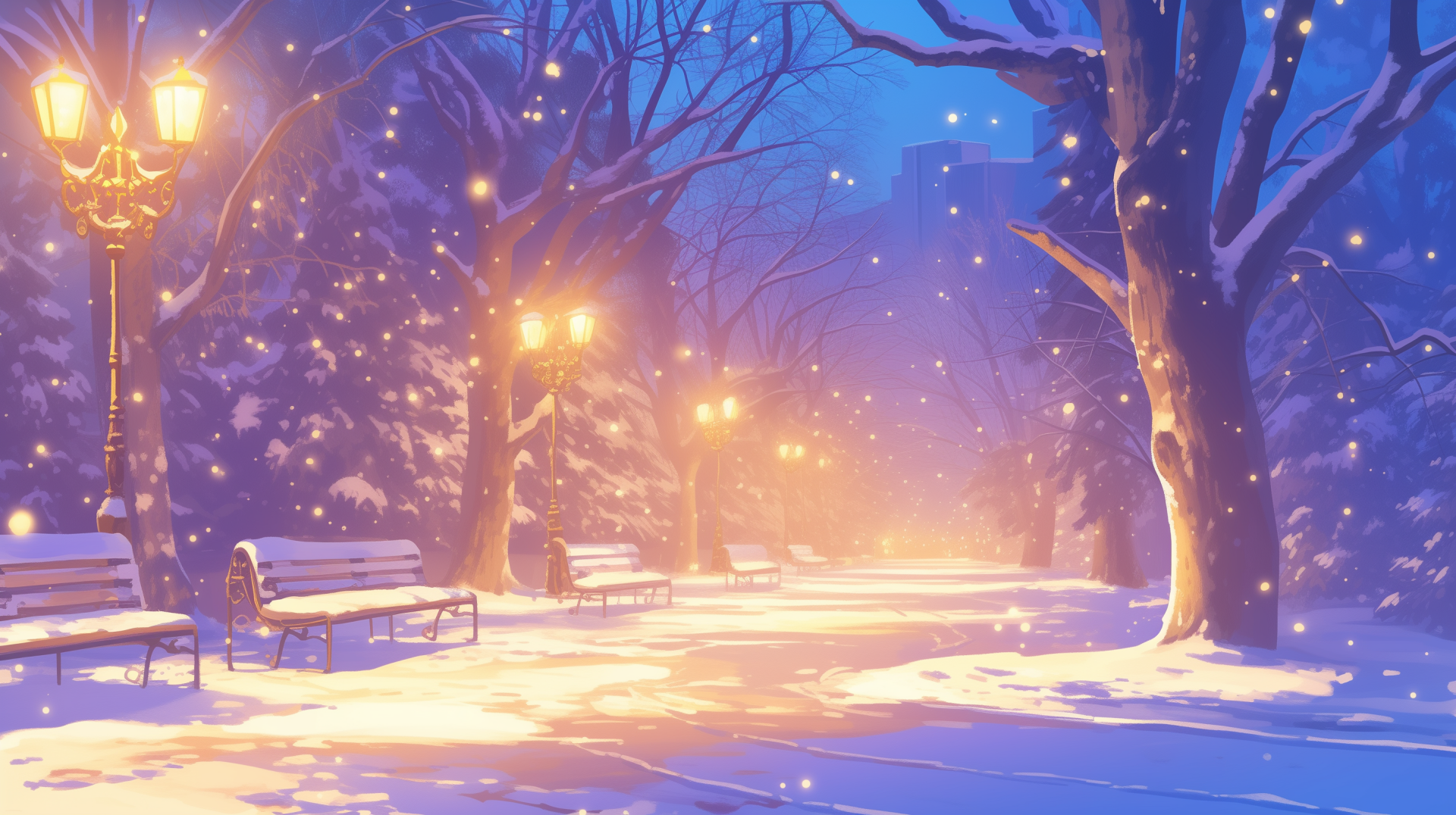 HD wallpaper of a serene winter park at night with gently falling snow, glowing street lamps, and snow-covered benches.