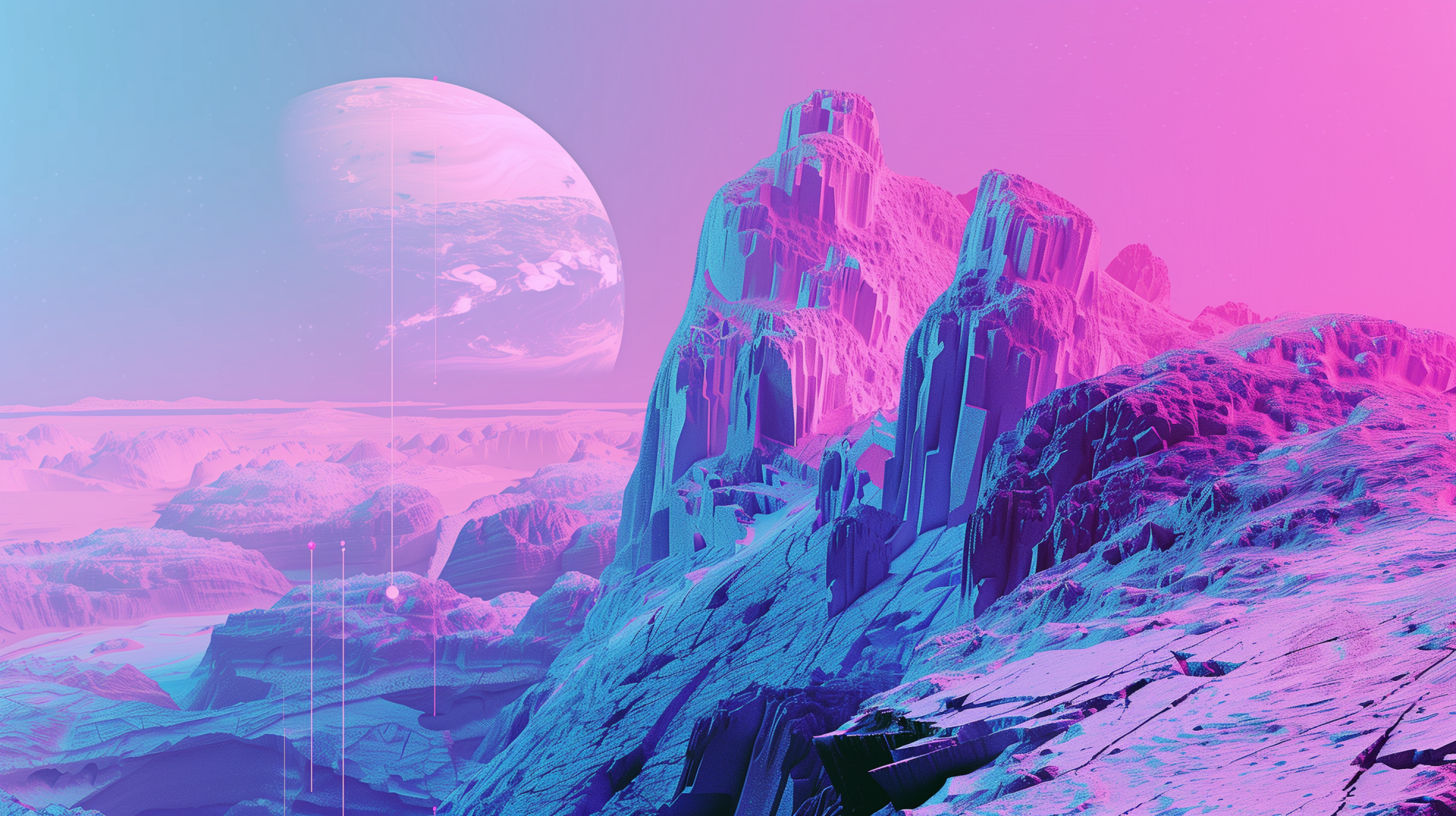 A stunning vaporwave landscape featuring vibrant pink and blue hues, dramatic rocky formations, and a distant planet, creating a captivating HD desktop wallpaper backdrop.