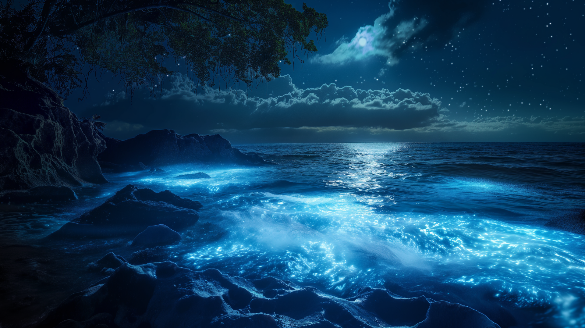 A serene nighttime ocean scene featuring glowing bioluminescence along the shore, enhancing the tranquil beauty of nature under a starry sky. HD desktop wallpaper background.