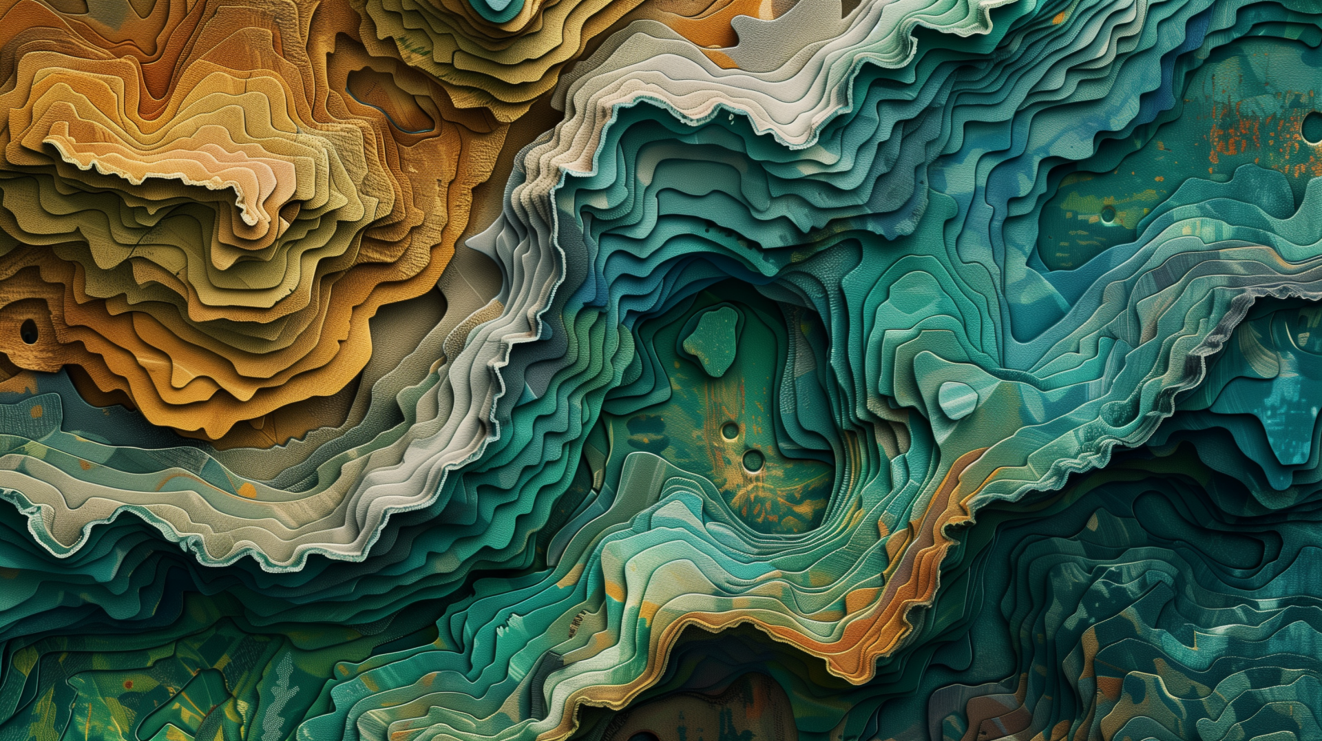 Abstract artistic topography HD desktop wallpaper with layered earth tones and aqua blue patterns.