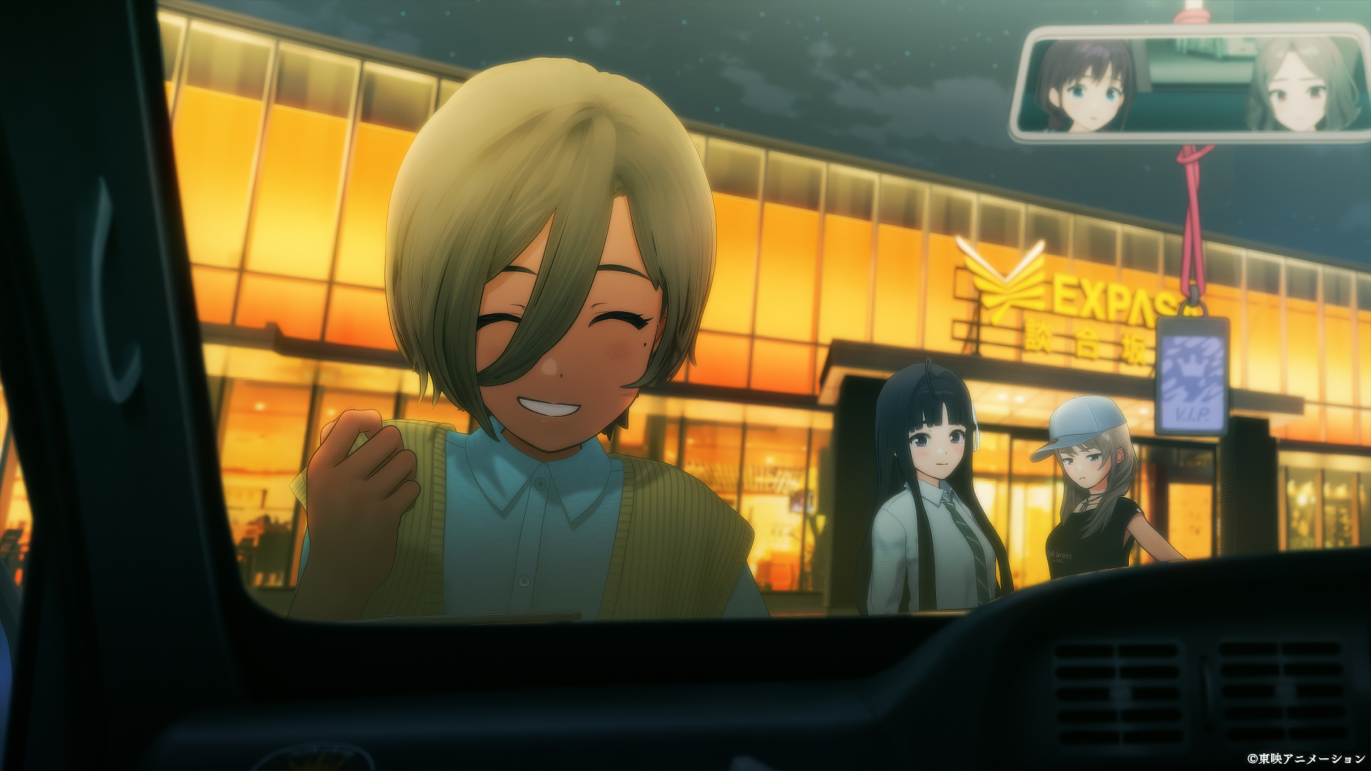 HD Anime Wallpaper featuring a cheerful girl character from Girls Band Cry smiling inside a car, with evening city lights and other characters in the background.