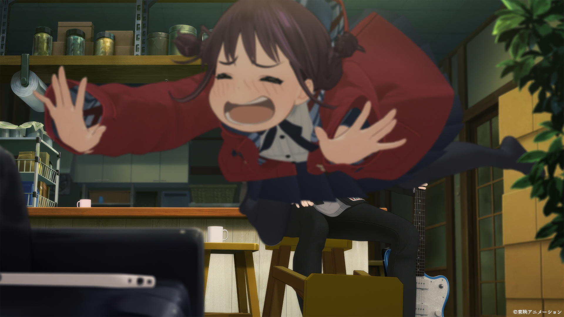 Animated character from Girls Band Cry in a dynamic HD desktop wallpaper, featuring an expressive girl tripping over in an office setting.
