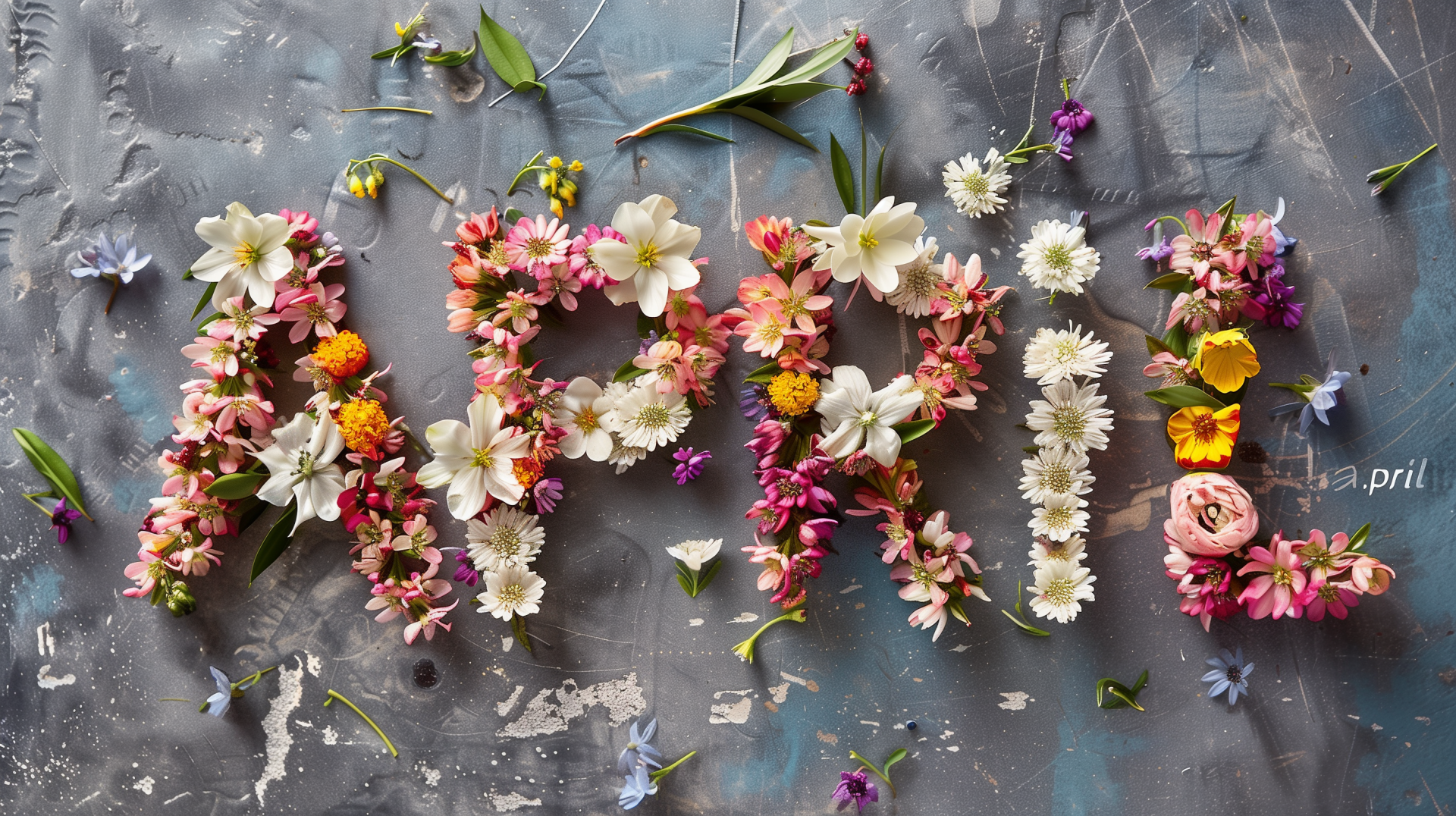 Colorful spring flowers arranged to spell April on a textured background, creating a vibrant HD desktop wallpaper celebrating the beauty of the season.
