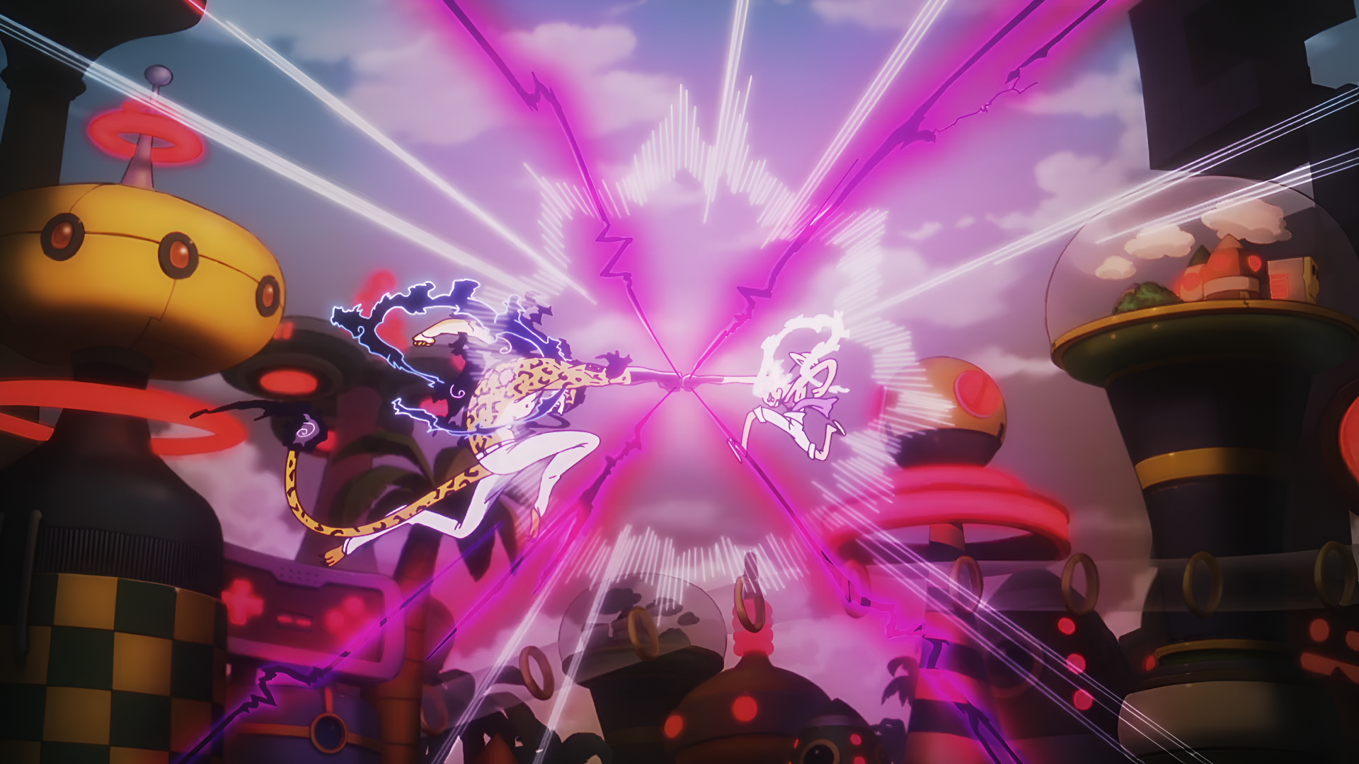 4K Ultra HD anime wallpaper featuring Monkey D. Luffy in Gear 5 clashing with Rob Lucci from One Piece, set against a vibrant, intense battle backdrop.