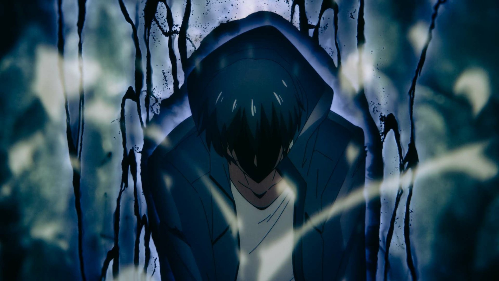 HD anime wallpaper featuring Sung Jin-Woo from Solo Leveling, shrouded in darkness and mist with a mysterious, intense atmosphere.