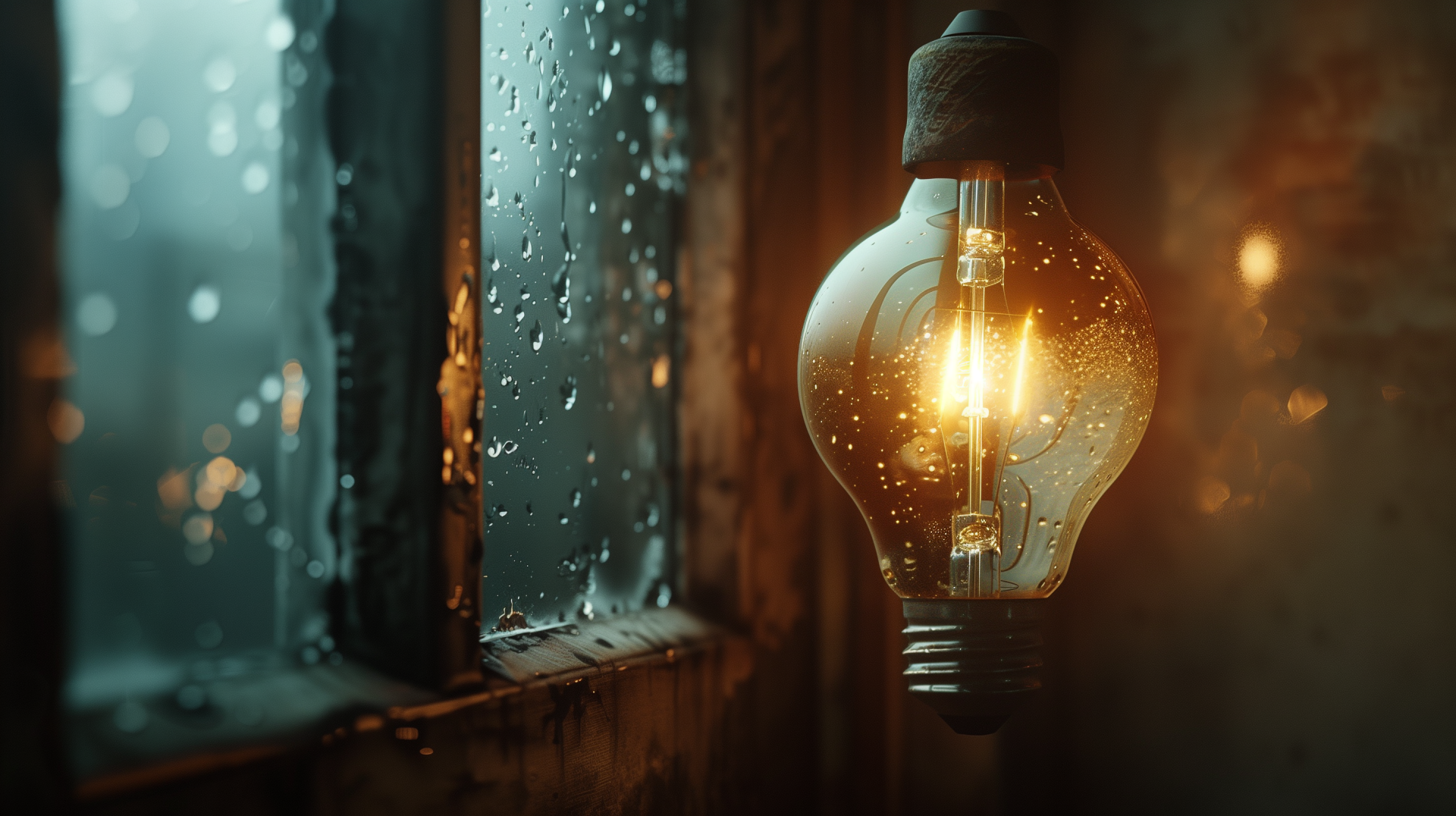 HD wallpaper of a glowing light bulb by a rainy window, providing a warm, atmospheric background for desktops.