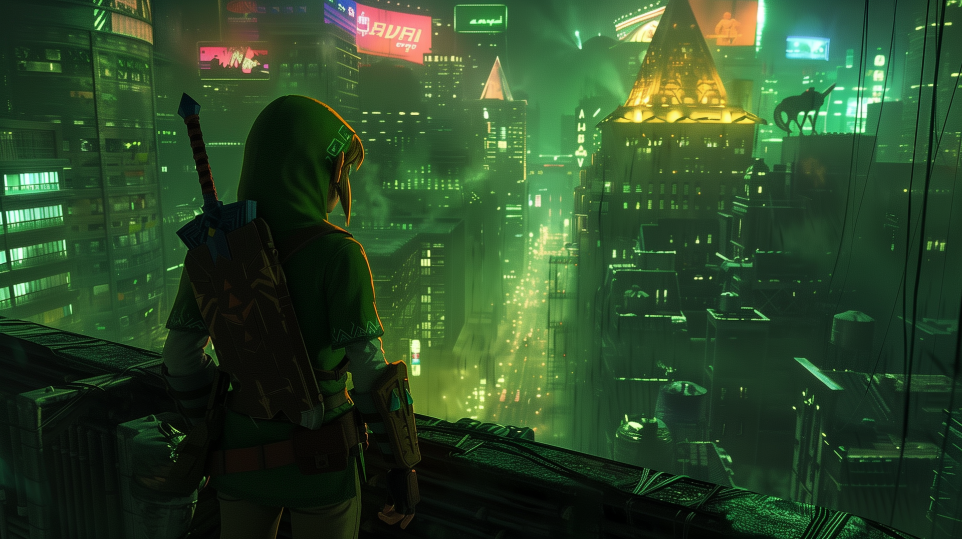 A vibrant HD desktop wallpaper featuring Link from The Legend of Zelda in a futuristic cyberpunk cityscape, illuminated by neon lights and towering pyramids.