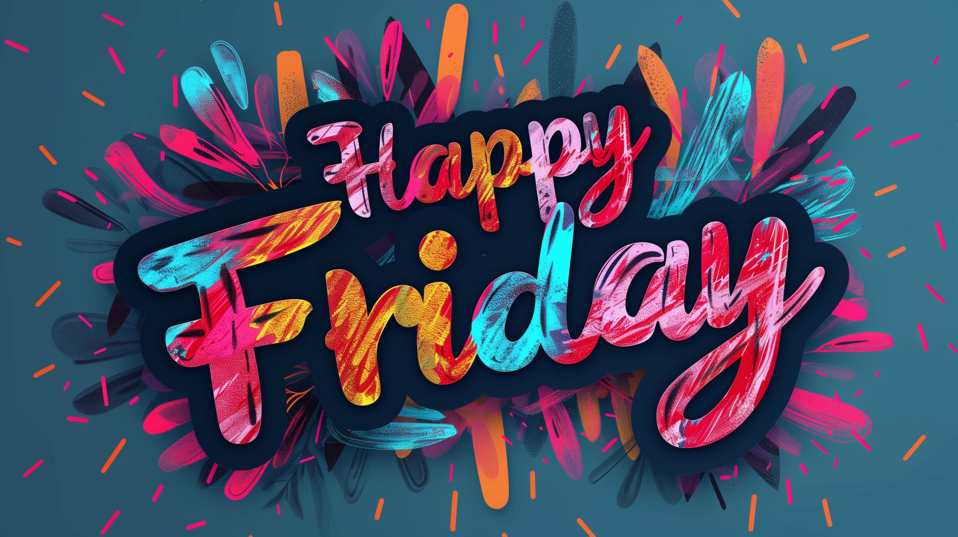 A vibrant HD desktop wallpaper featuring the text Happy Friday in colorful, dynamic lettering, surrounded by energetic bursts of color, celebrating the joy of the end of the week.