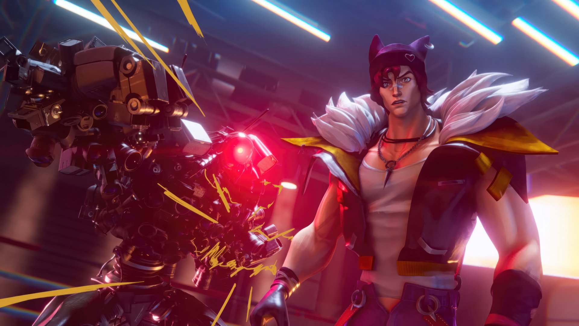 HD wallpaper featuring Sett from League of Legends, portrayed with Heartsteel, ready for battle in an energetic, futuristic setting.