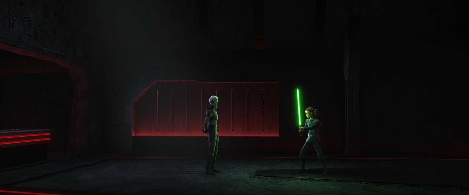 HD desktop wallpaper from Star Wars: Tales of the Empire featuring two characters in a standoff, one wielding a green lightsaber, with a red-lit background.