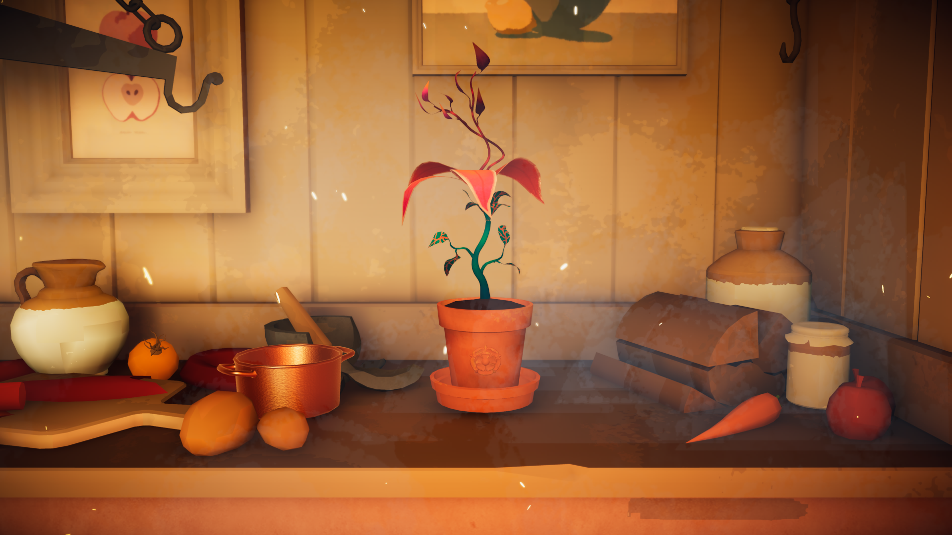 HD desktop wallpaper featuring a vibrant scene from the video game Botany Manor, with a potted plant, kitchen utensils, and various jars on a wooden shelf.