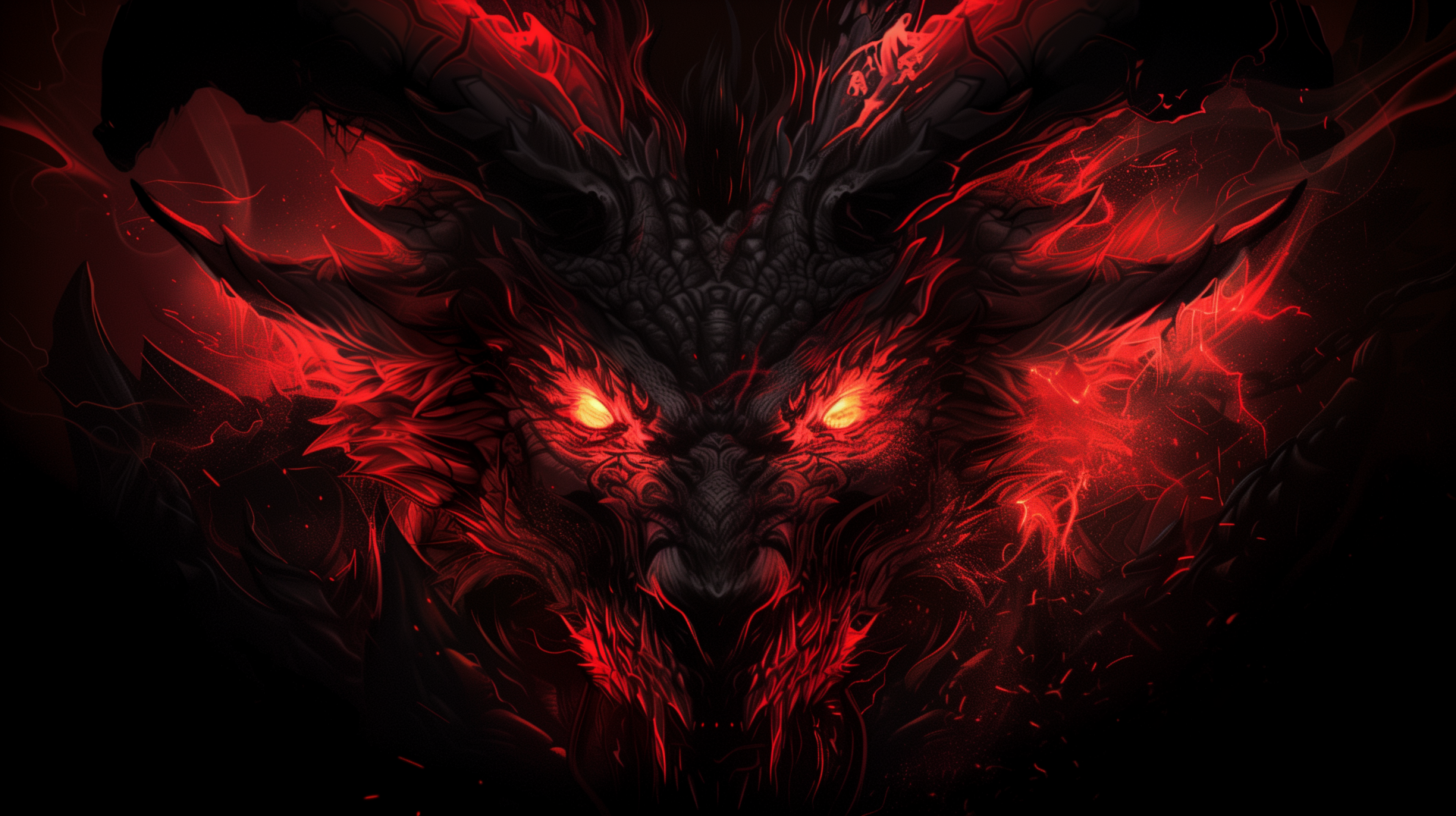 HD Diablo fantasy monster desktop wallpaper featuring a fierce creature with glowing red eyes and fiery effects.